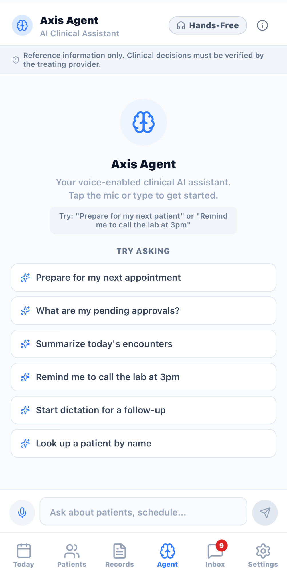 AXIS Agent screen with voice and typed prompts for clinical workflow assistance