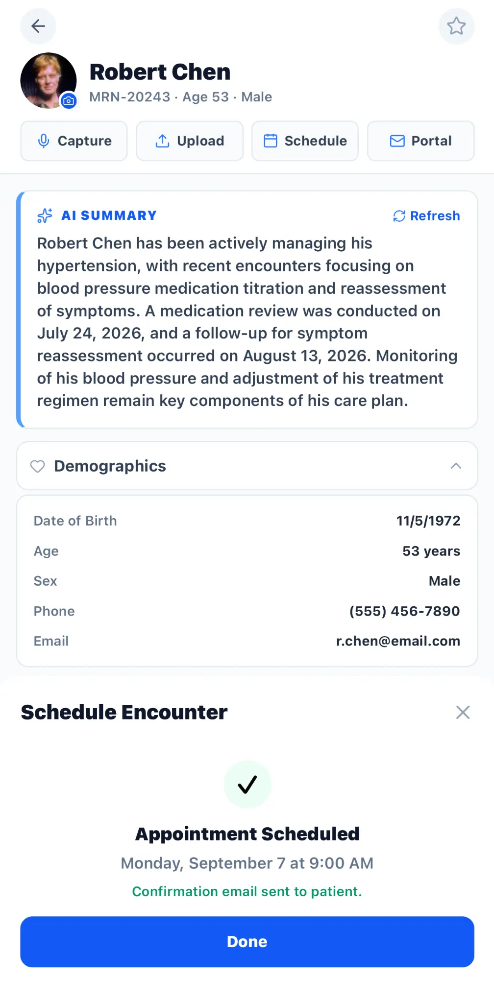 AXIS synthetic patient scheduling confirmation for a telehealth encounter