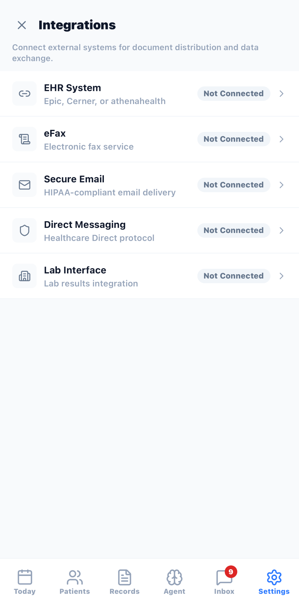 AXIS Integrations settings listing EHR, eFax, secure email, direct messaging, and lab interfaces as not connected