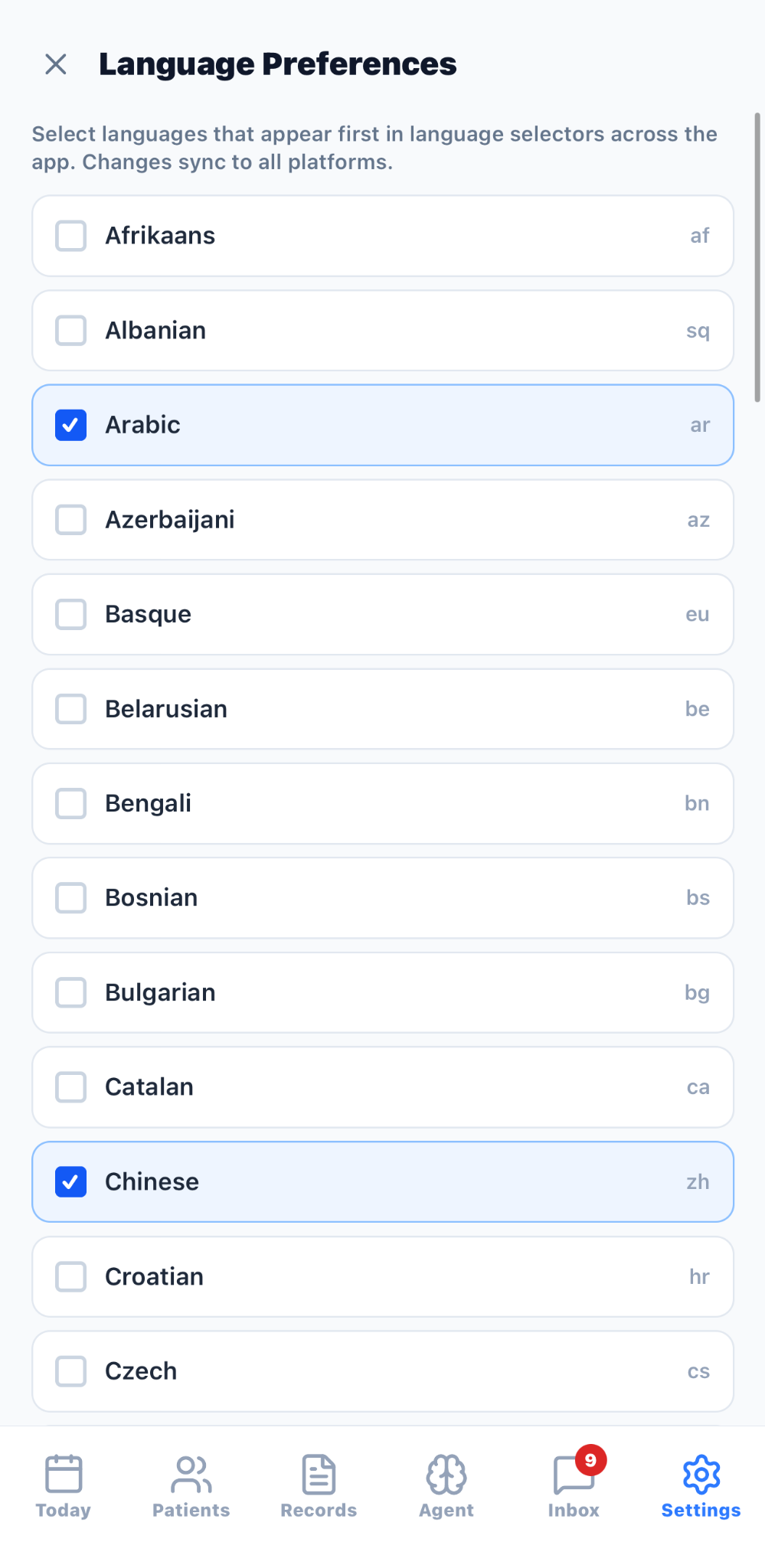 AXIS Language Preferences screen with selectable interface languages