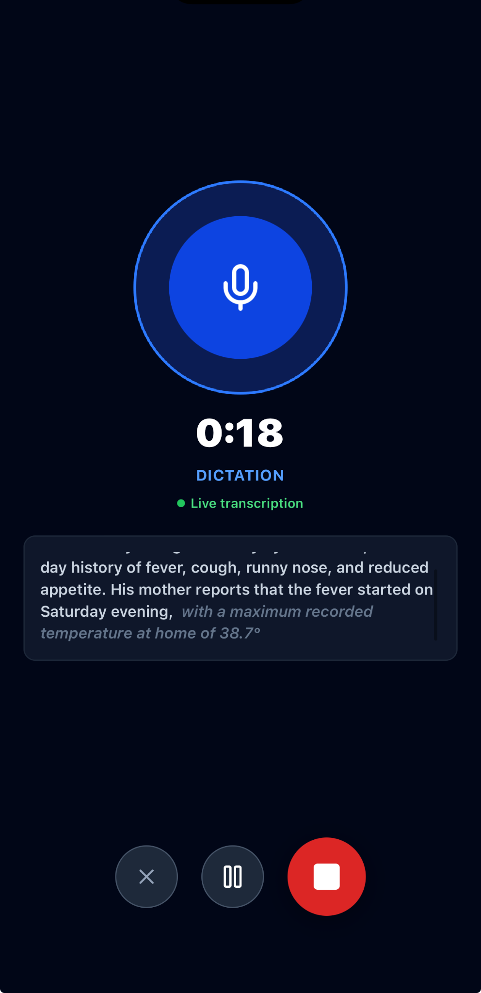 AXIS active dictation screen showing timer, live transcription, pause, and stop controls