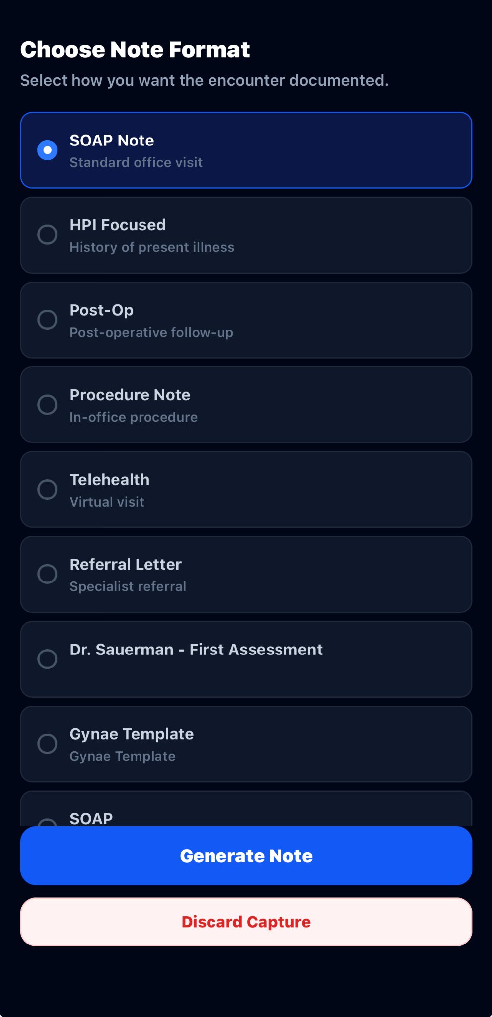 AXIS Choose Note Format screen listing SOAP, HPI, post-operative, procedure, telehealth, referral, and specialty templates