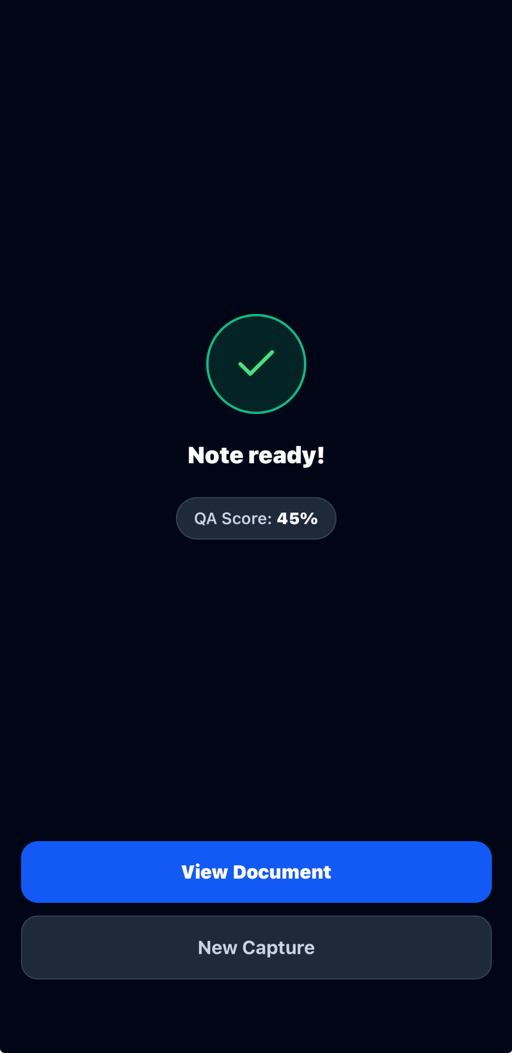 AXIS note-ready screen with quality assurance score and View Document action