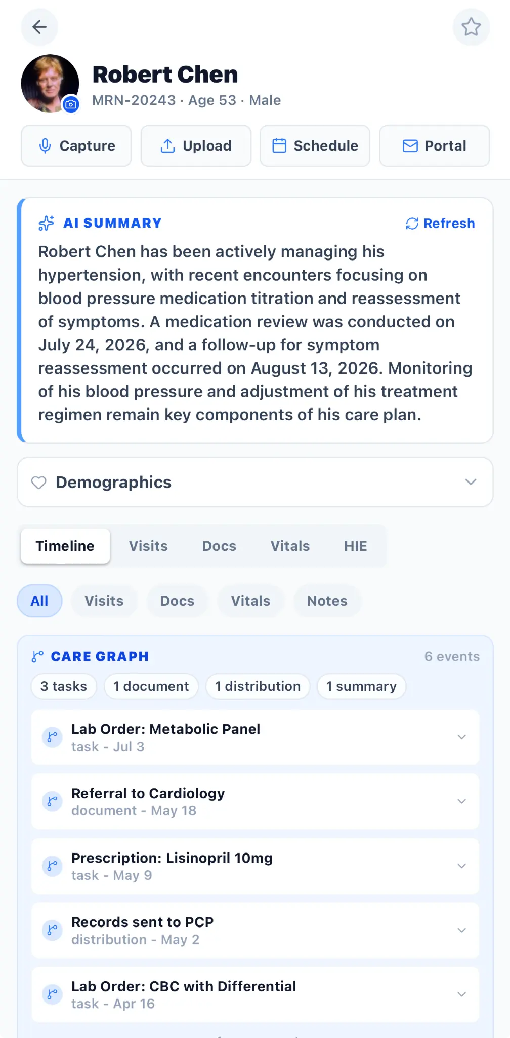 AXIS synthetic patient record with AI summary, timeline filters, and care graph