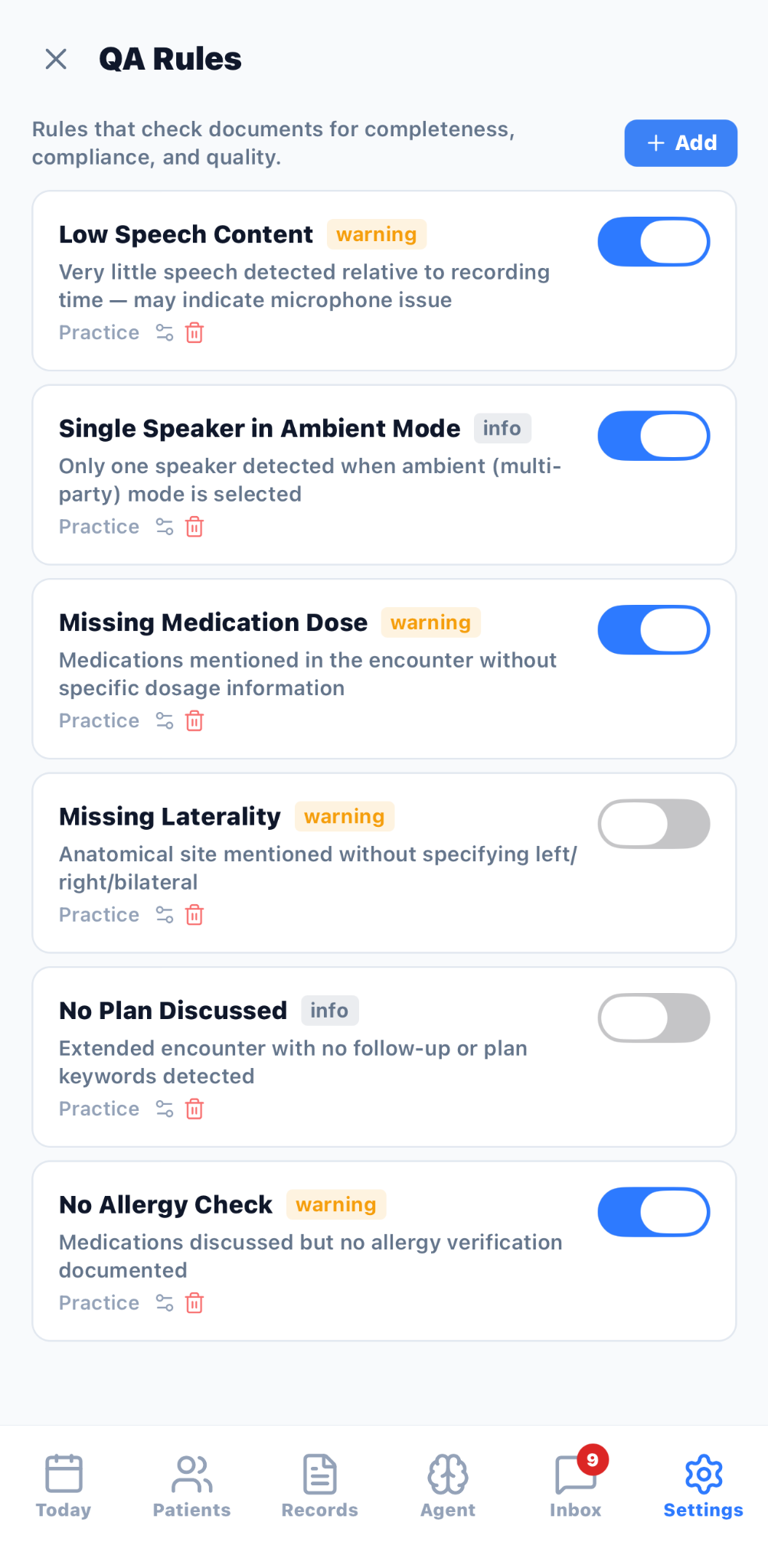 AXIS QA Rules settings with configurable documentation checks and severity labels