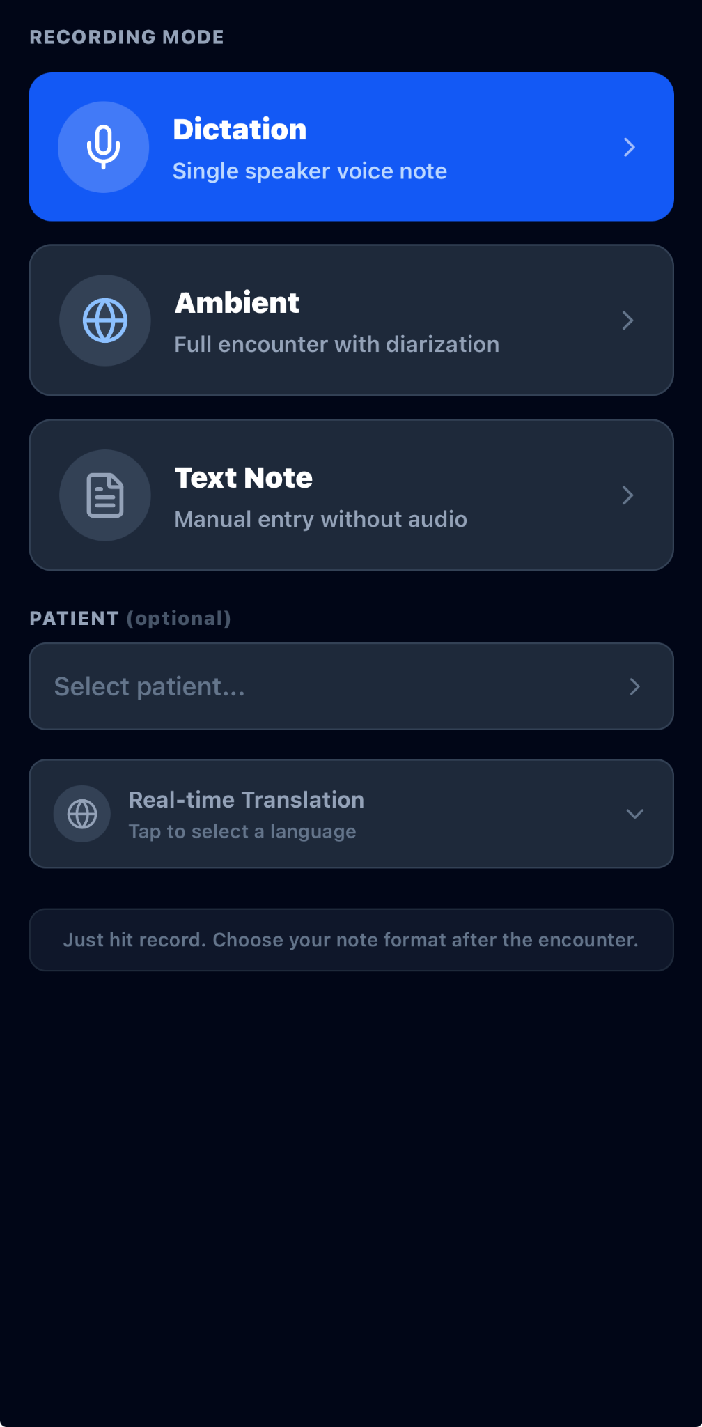 AXIS recording mode screen with Dictation, Ambient, Text Note, patient selection, and real-time translation