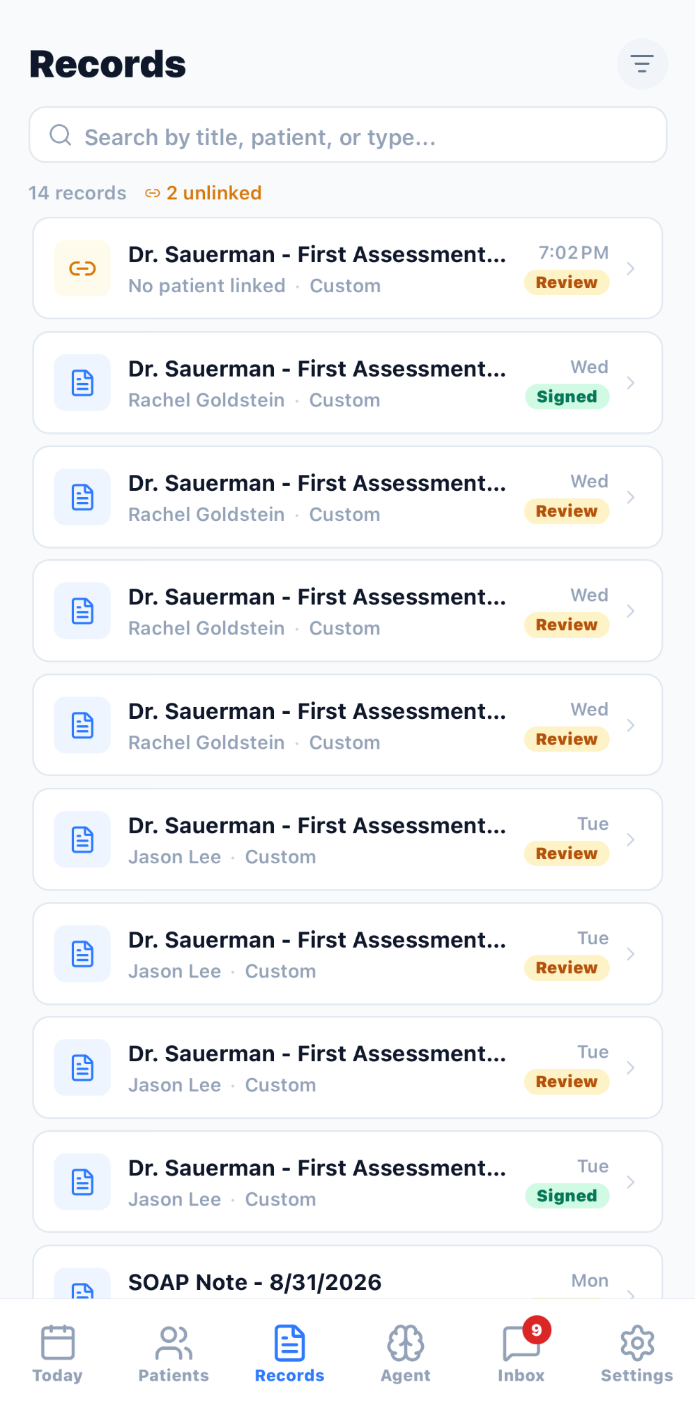 AXIS Records screen with search, document types, and pending review, signed, and review statuses