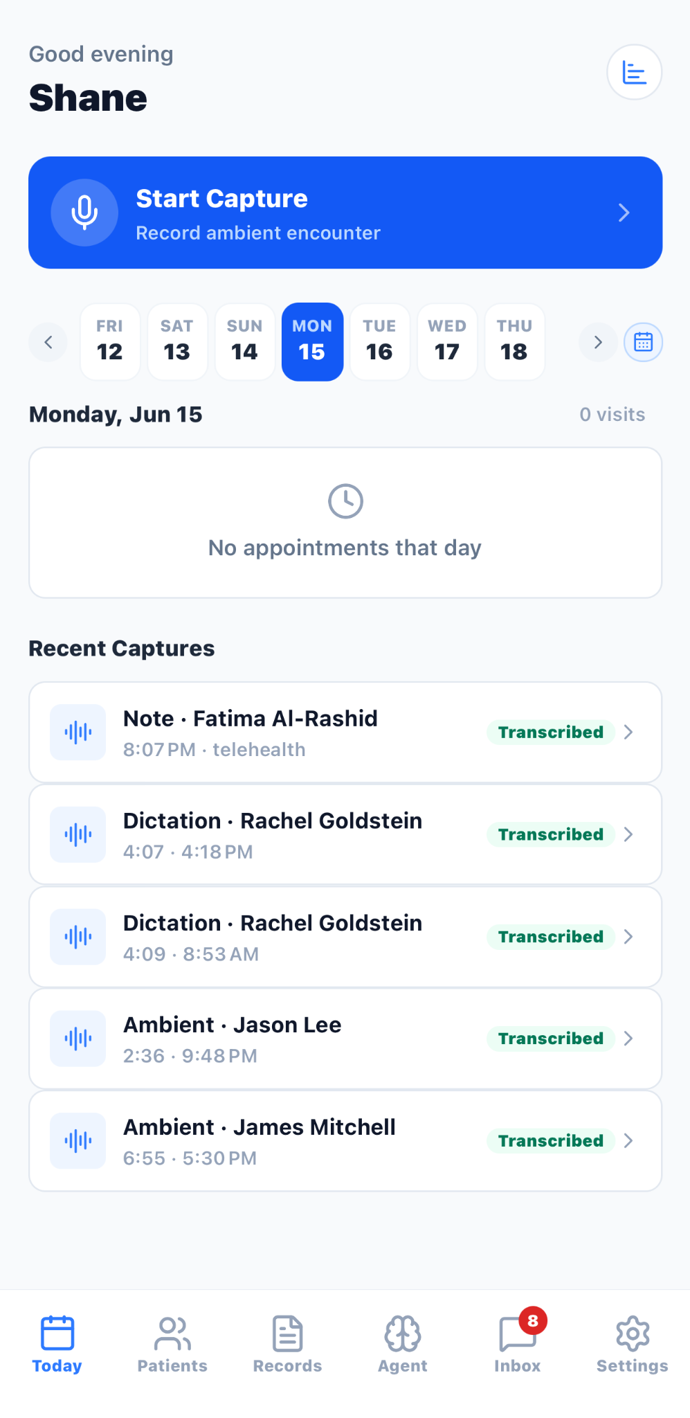 AXIS Today dashboard with Start Capture, schedule, recent captures, and workflow navigation