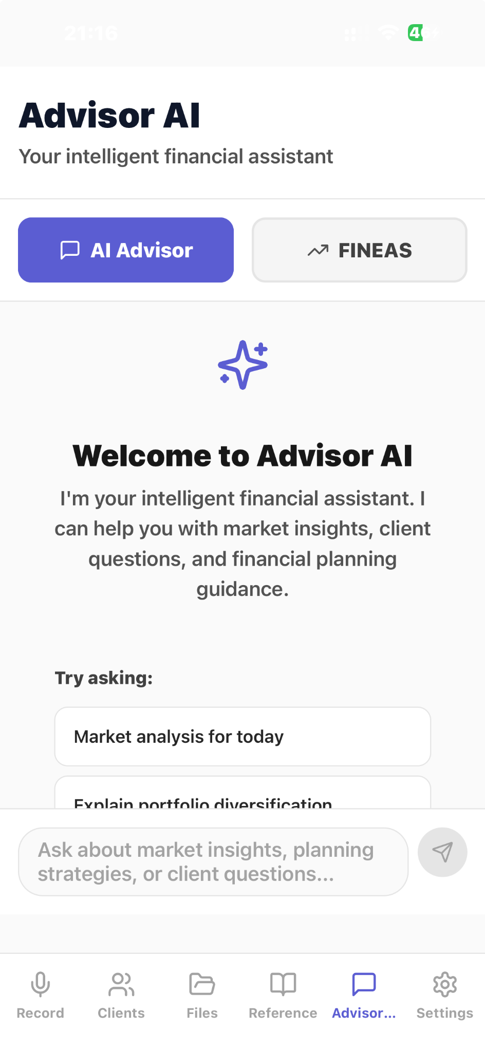 CaptureAdvisors Advisor AI screen with AI Advisor and FINEAS tabs