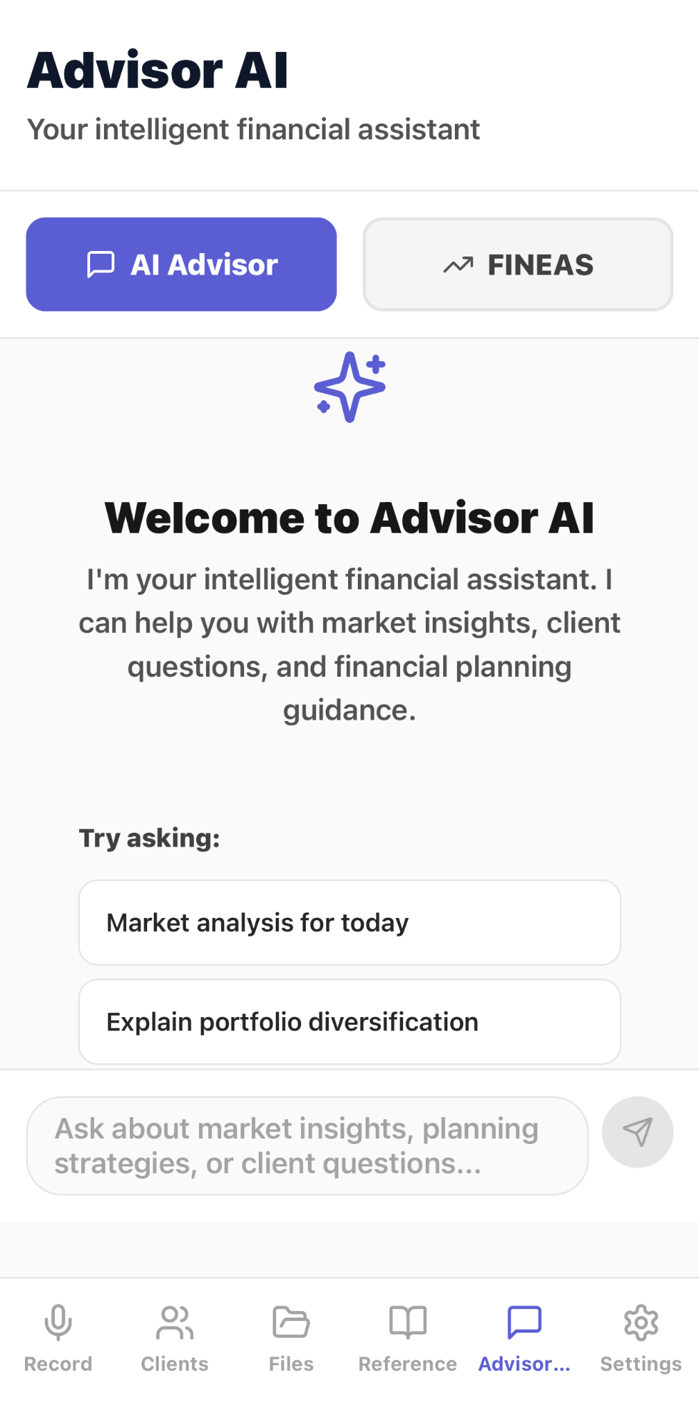 CaptureAdvisors Advisor AI welcome screen with AI Advisor and FINEAS tabs