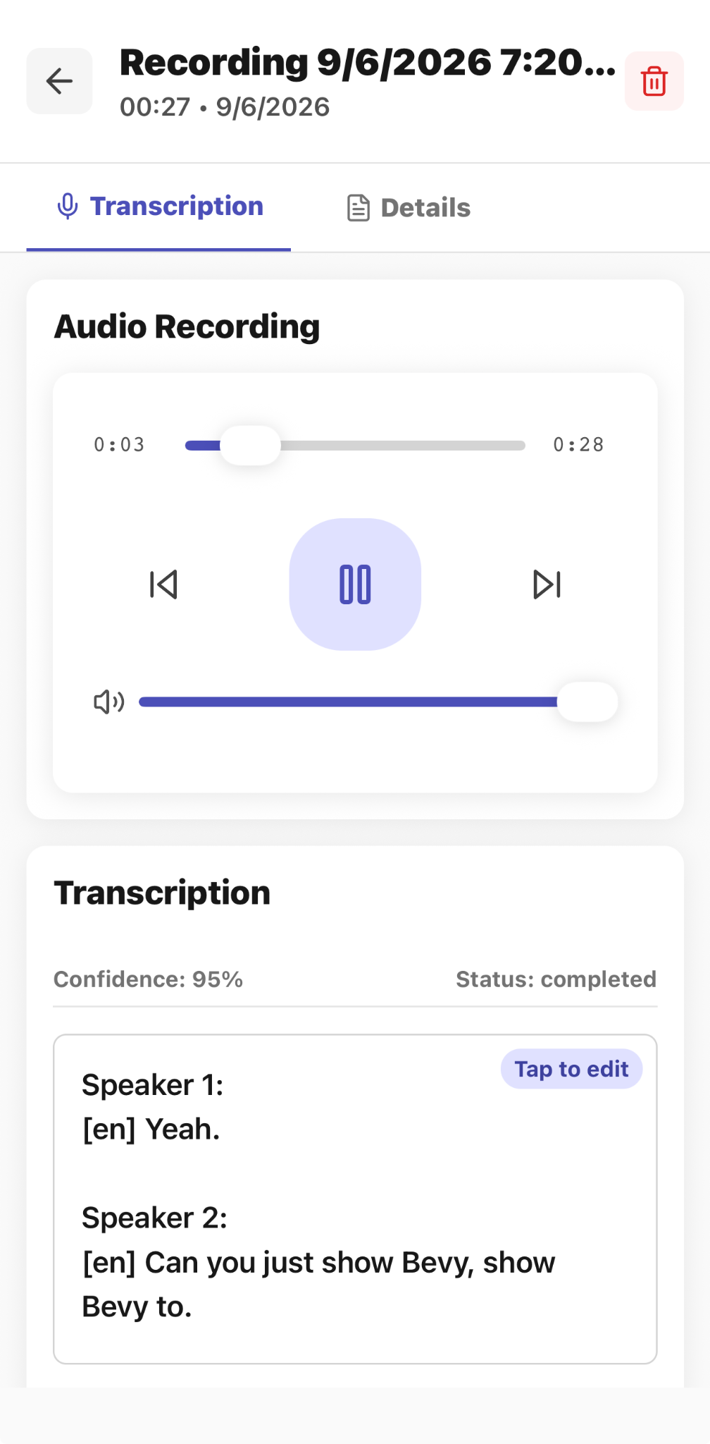 CaptureAdvisors recording review with audio playback and completed editable transcription