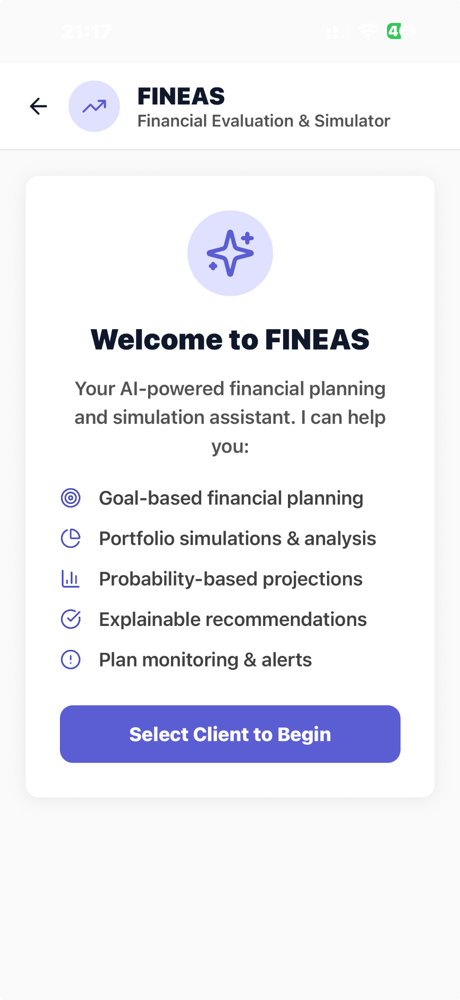 CaptureAdvisors FINEAS welcome screen listing financial planning and simulation tools