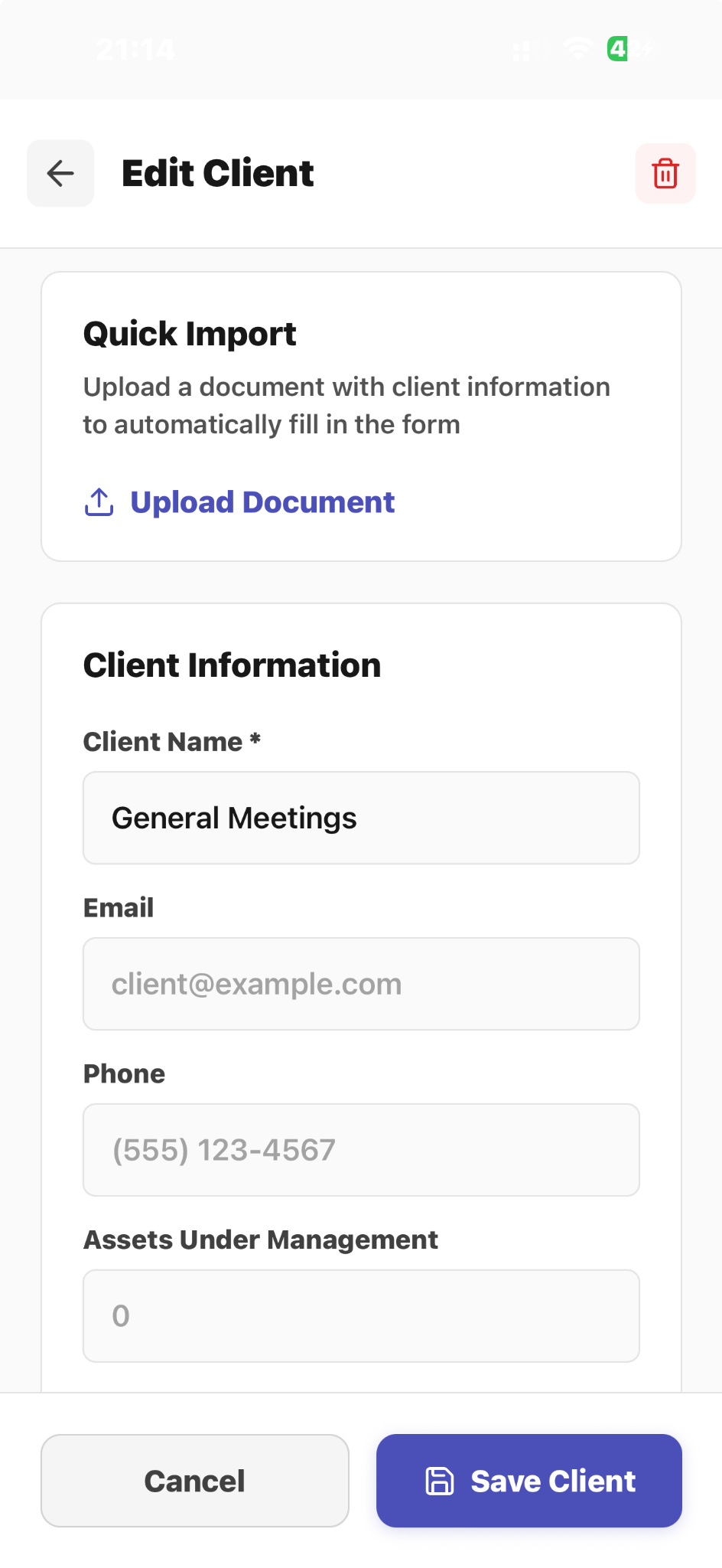CaptureAdvisors Edit Client screen with Quick Import and client information fields