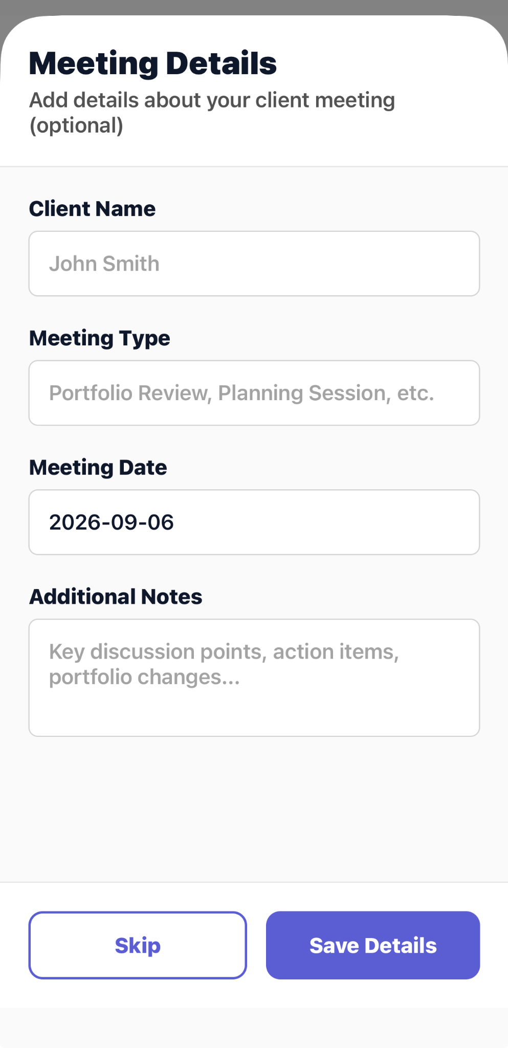 CaptureAdvisors Meeting Details screen with client name, meeting type, date, and additional notes