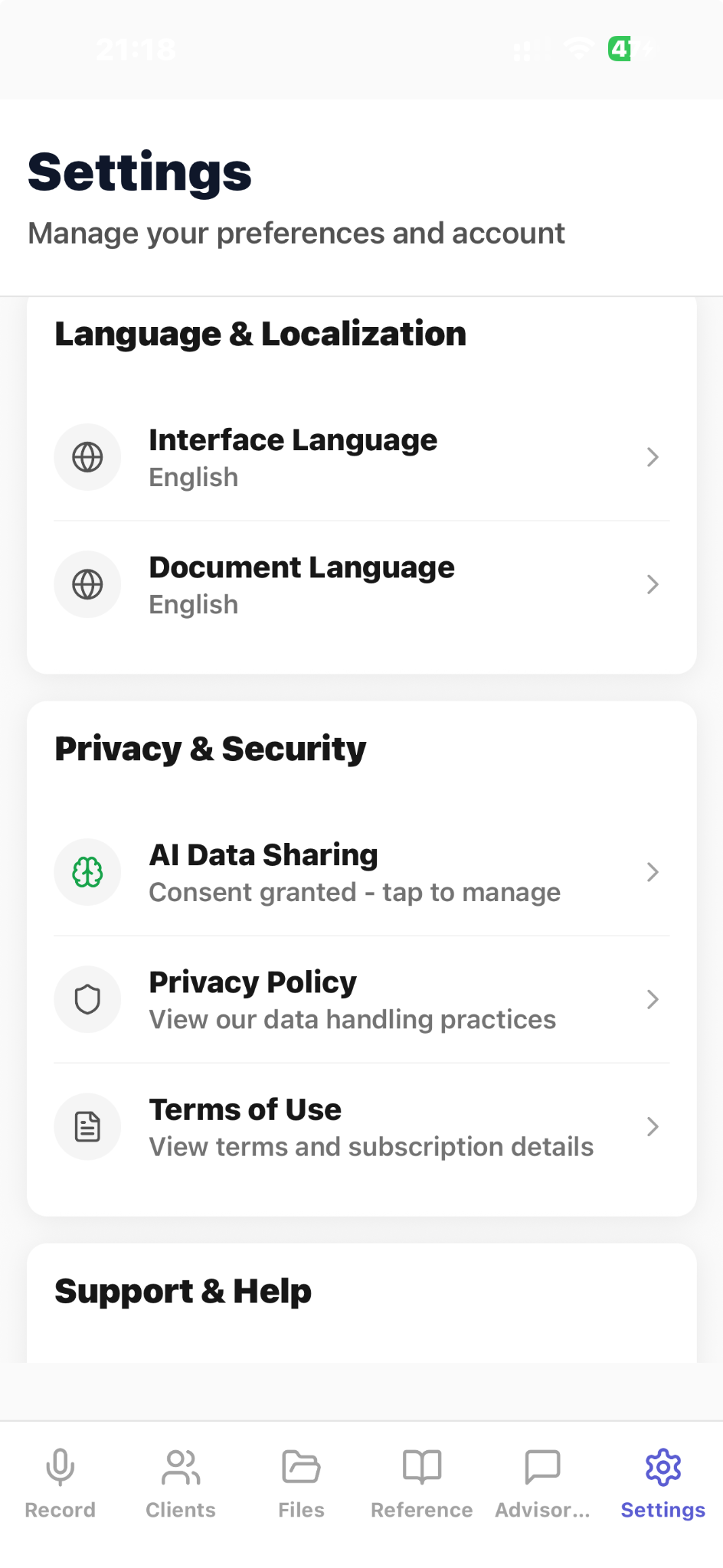 CaptureAdvisors settings screen showing language, AI data sharing, privacy and terms controls