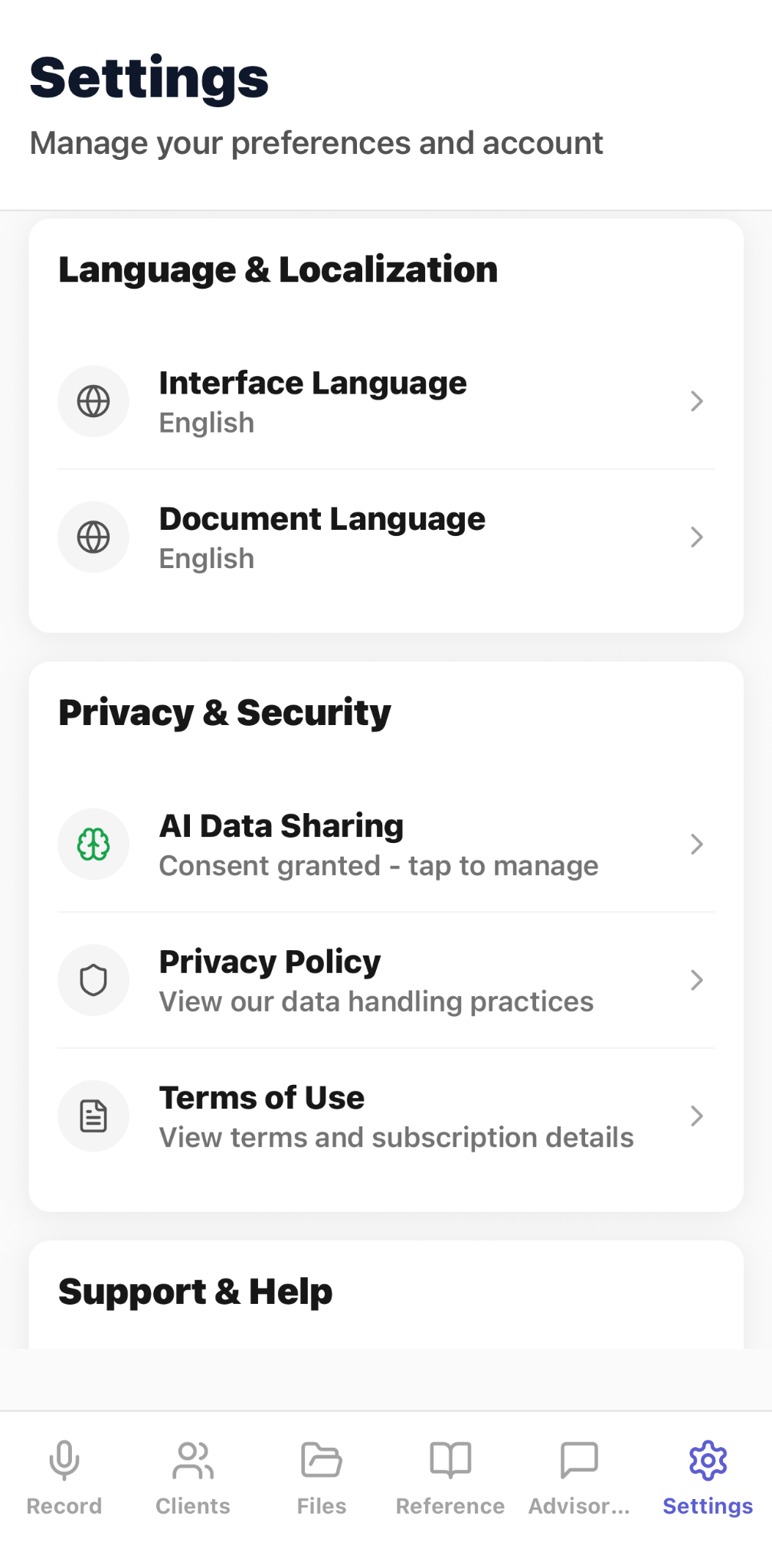CaptureAdvisors Settings screen with language, AI data-sharing, privacy policy, and terms controls