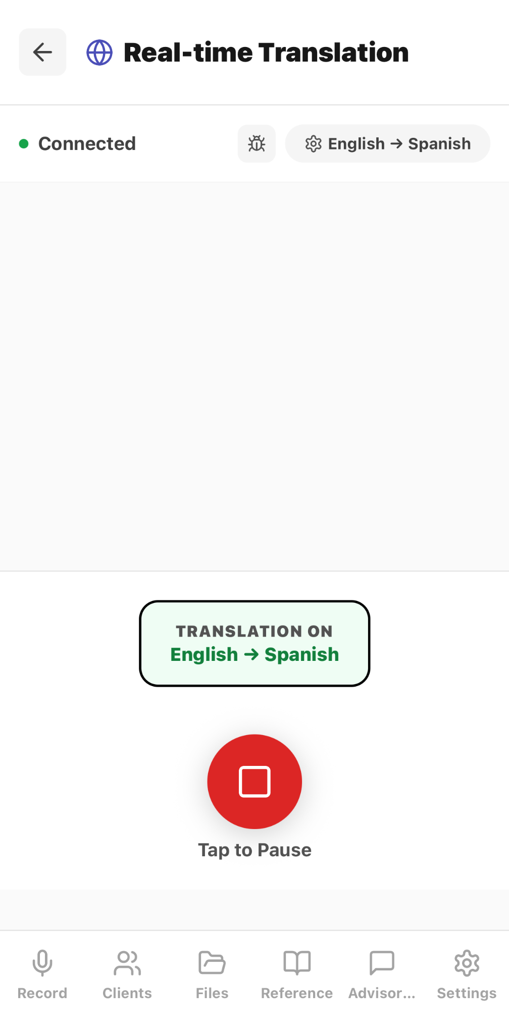 CaptureAdvisors Real-time Translation screen showing an English to Spanish session