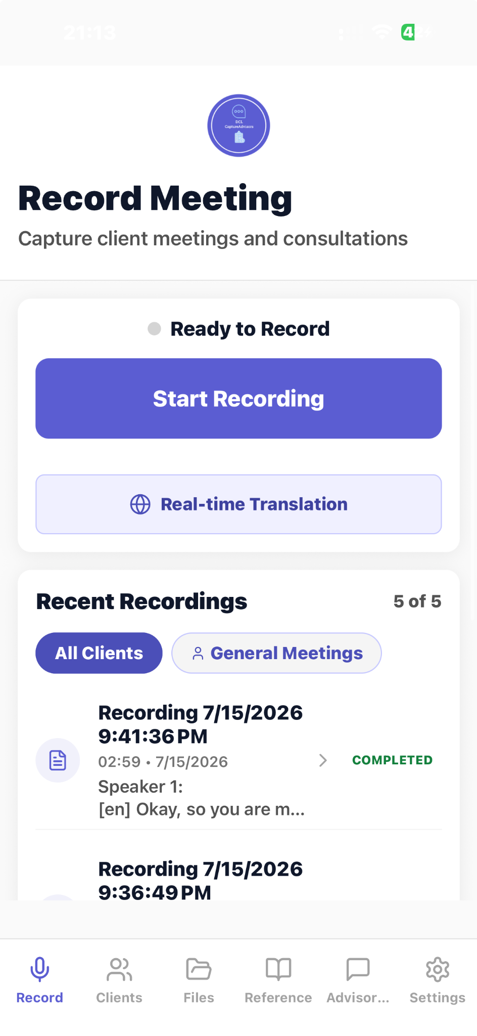 CaptureAdvisors Record Meeting screen with Start Recording and Real-time Translation controls