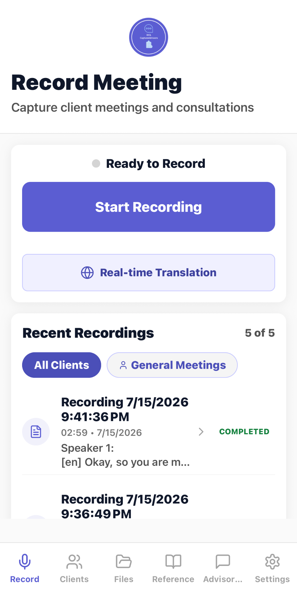 CaptureAdvisors Record Meeting dashboard with Start Recording, real-time translation, and recent recordings