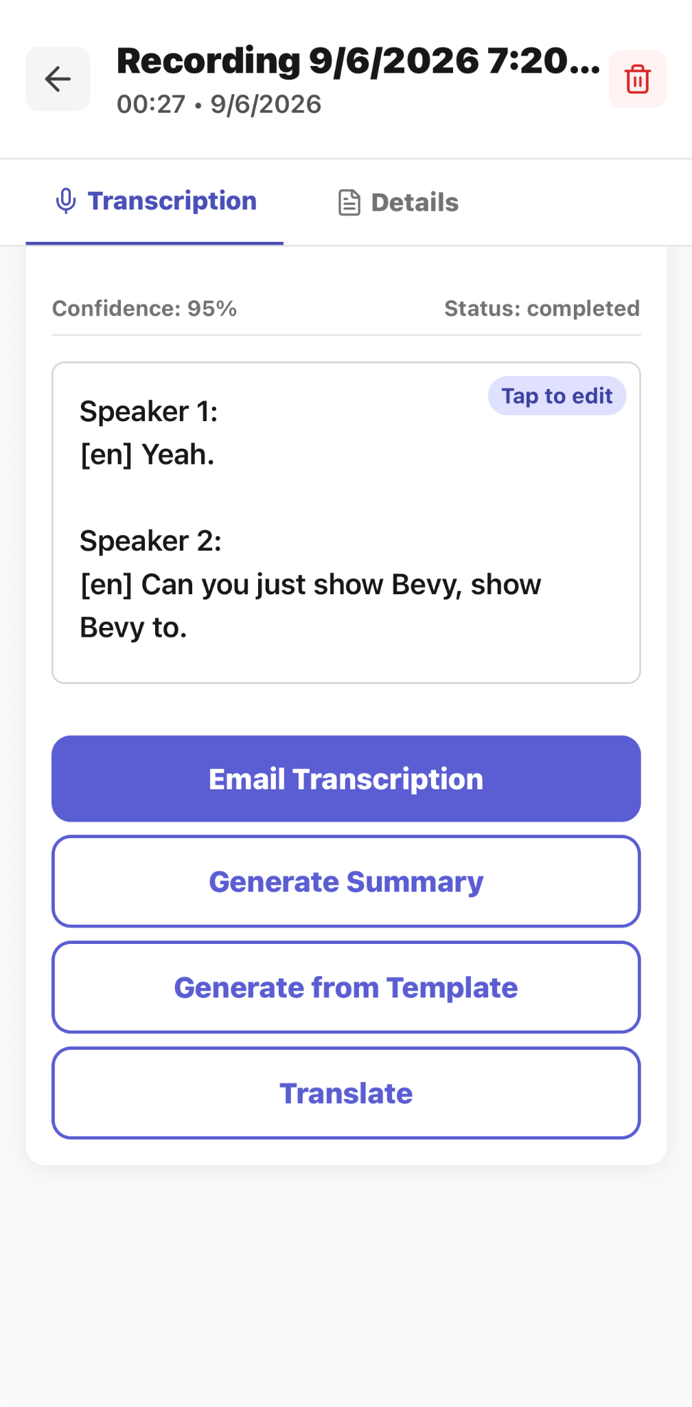 CaptureAdvisors completed transcription with email, summary, template, and translation actions
