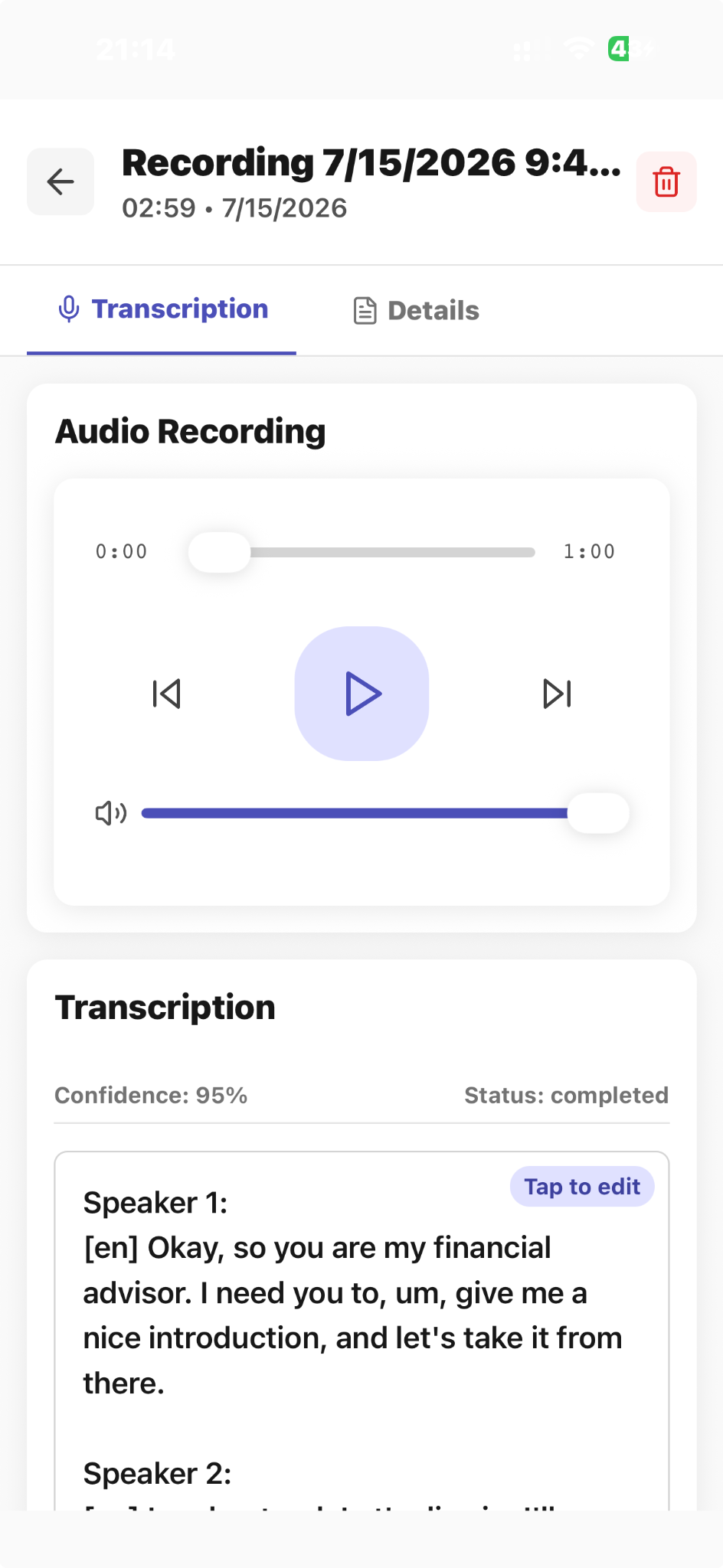 CaptureAdvisors recording screen with audio playback and an editable completed transcription