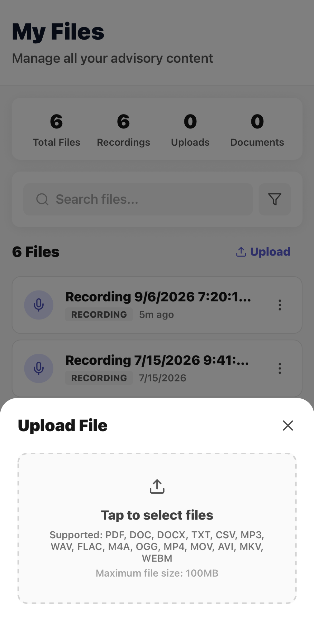 CaptureAdvisors Upload File panel listing supported document, audio, video, and image formats