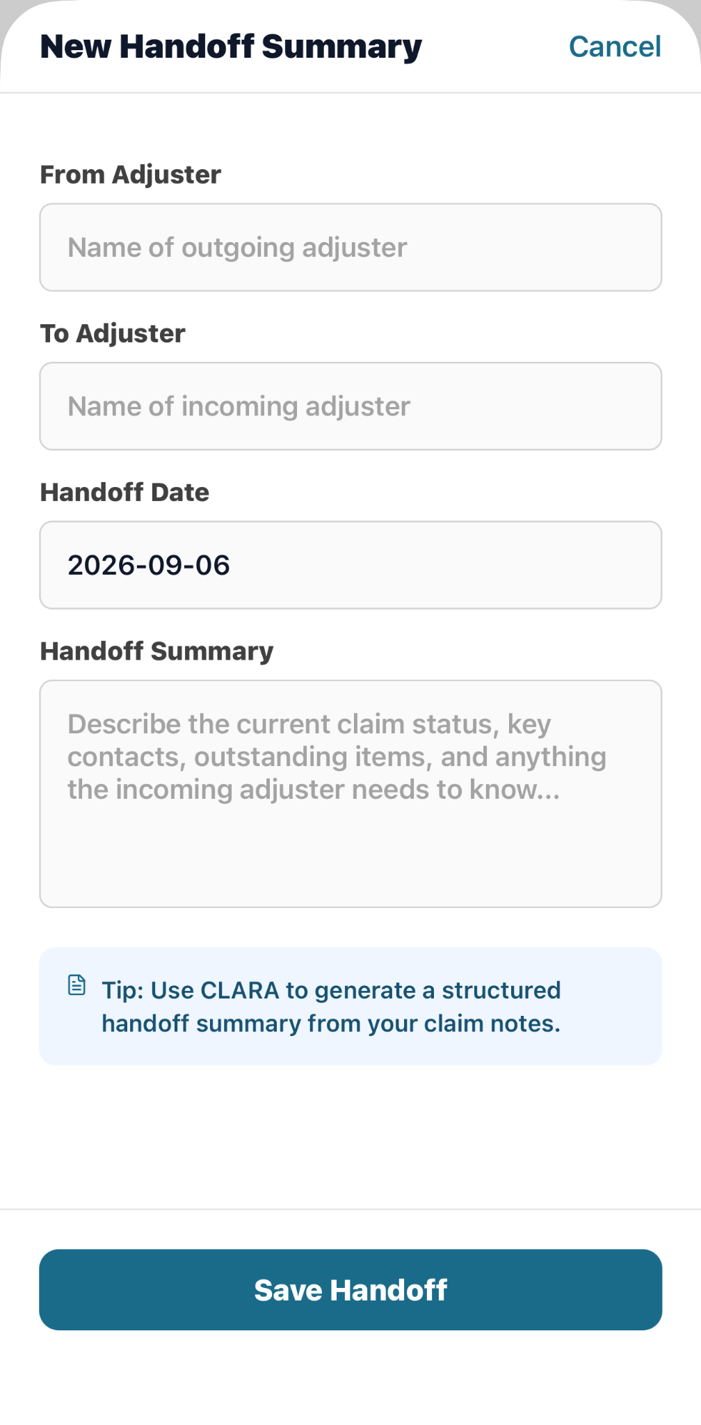 CaptureClaims new handoff summary form
