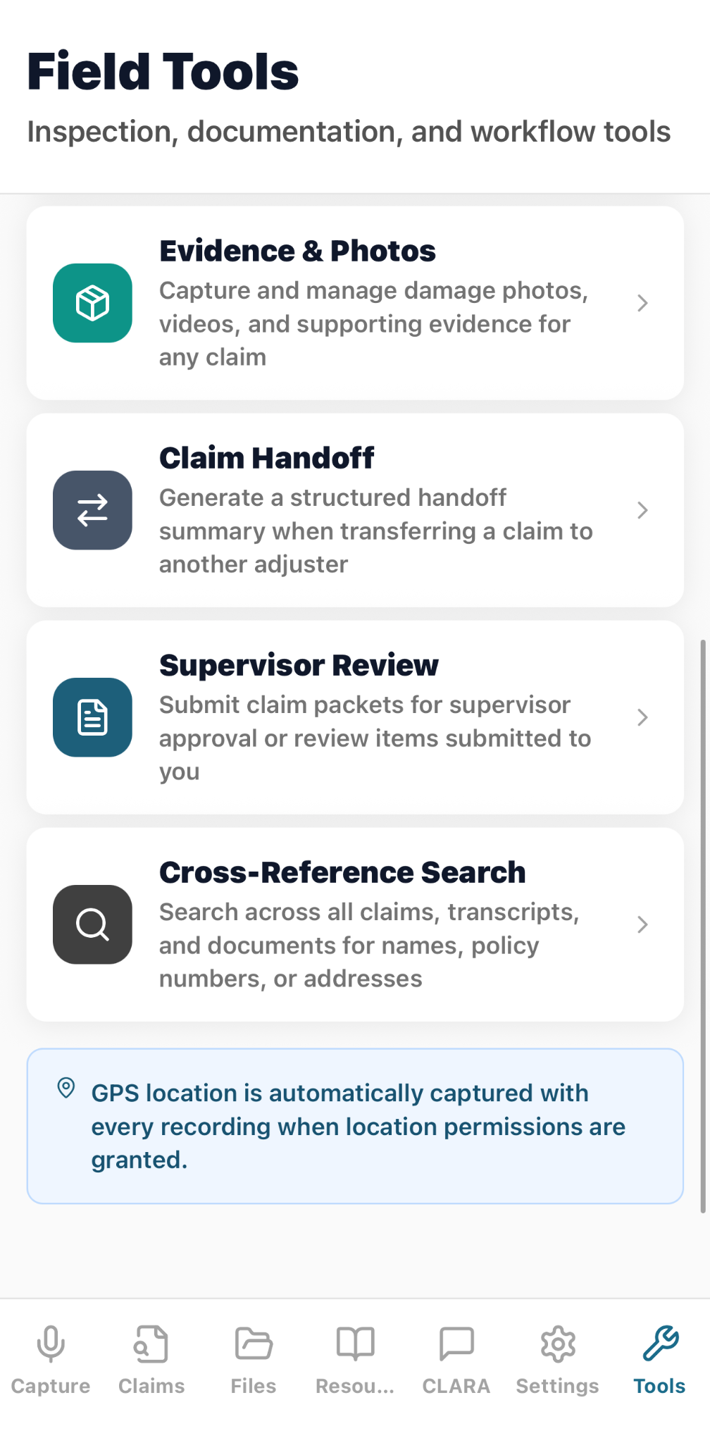 CaptureClaims field tools for evidence, claim handoff, supervisor review, and cross-reference search