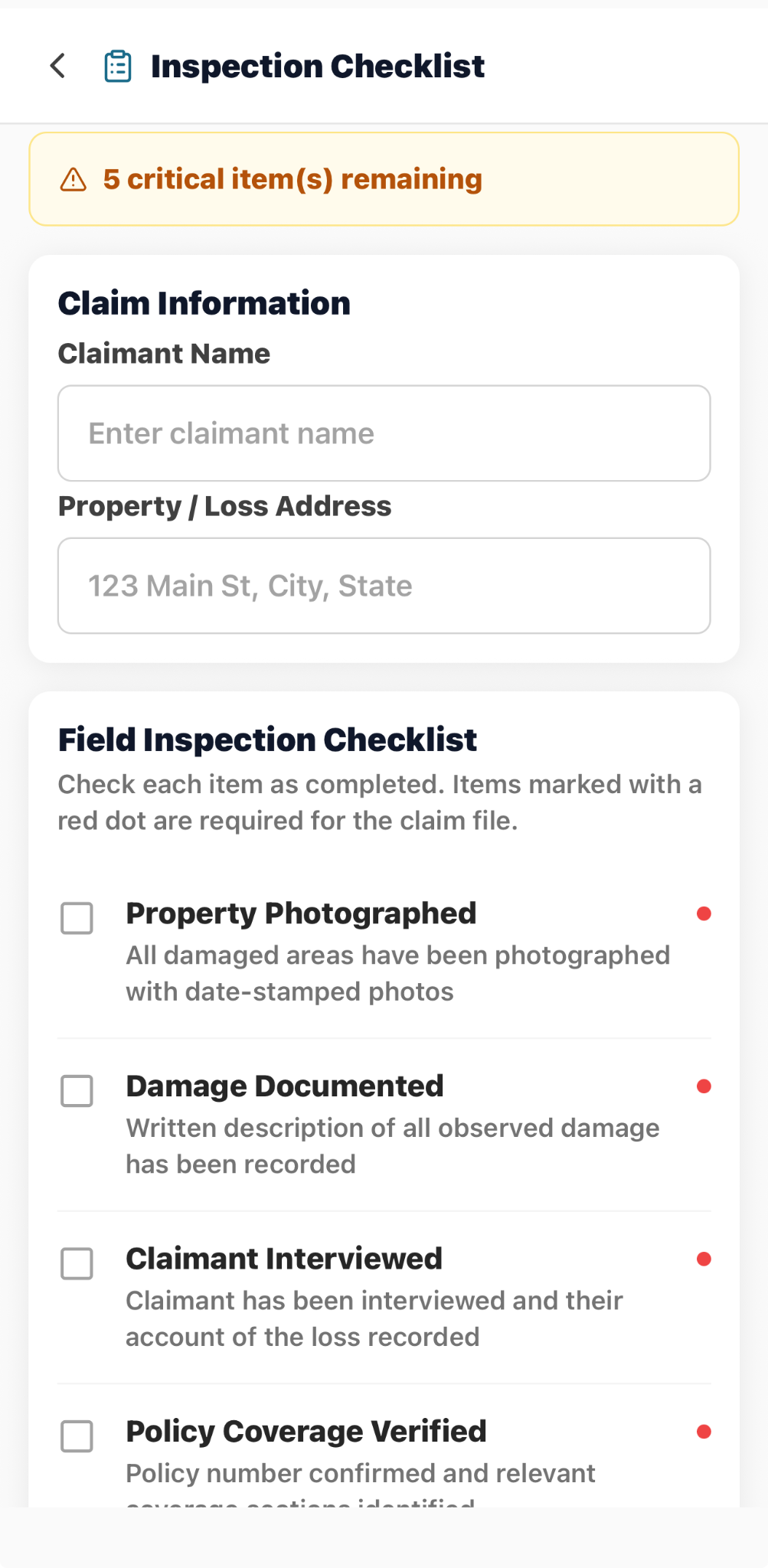 CaptureClaims field inspection checklist with required claim-file items