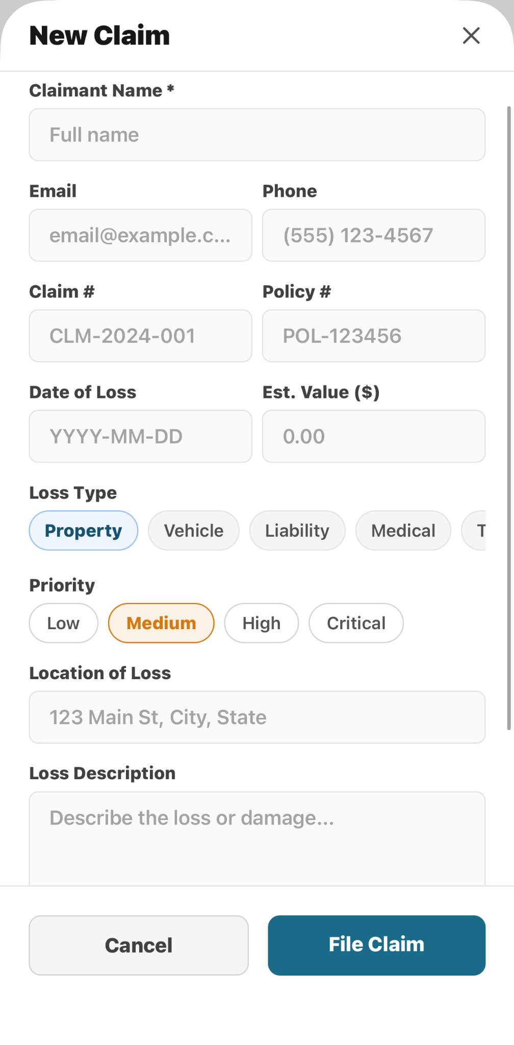 CaptureClaims new claim intake form