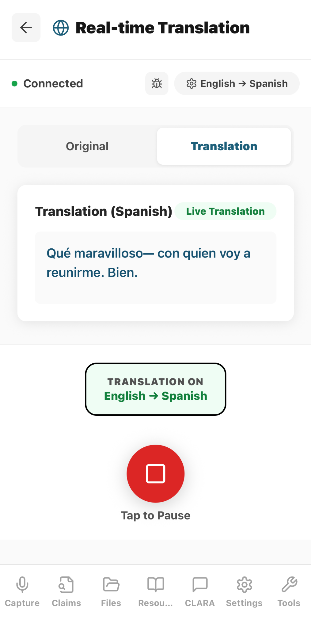 CaptureClaims real-time English-to-Spanish translation screen
