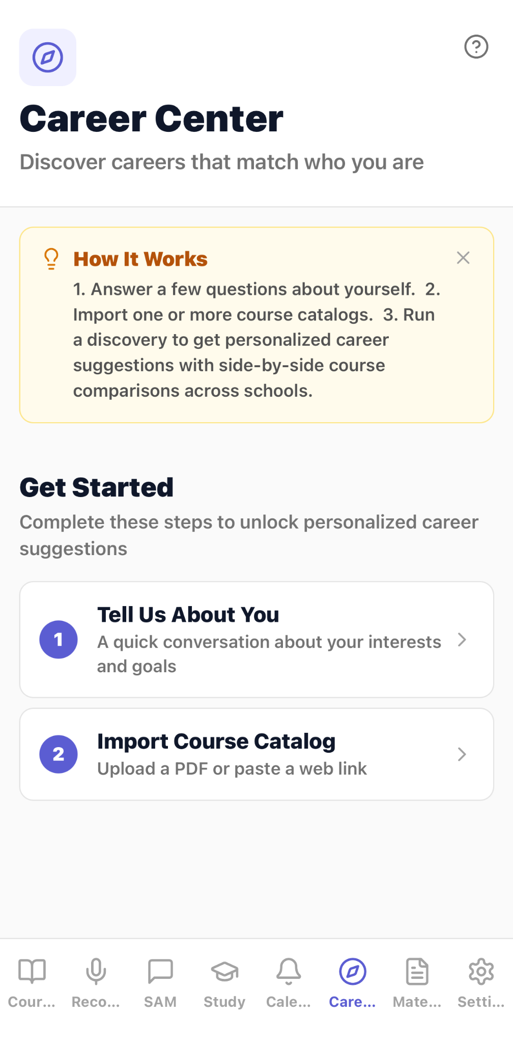 CaptureClass Career Center onboarding with interests and course-catalog discovery steps