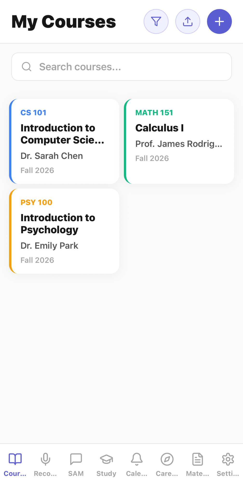 CaptureClass My Courses dashboard showing example computer science, calculus, and psychology courses
