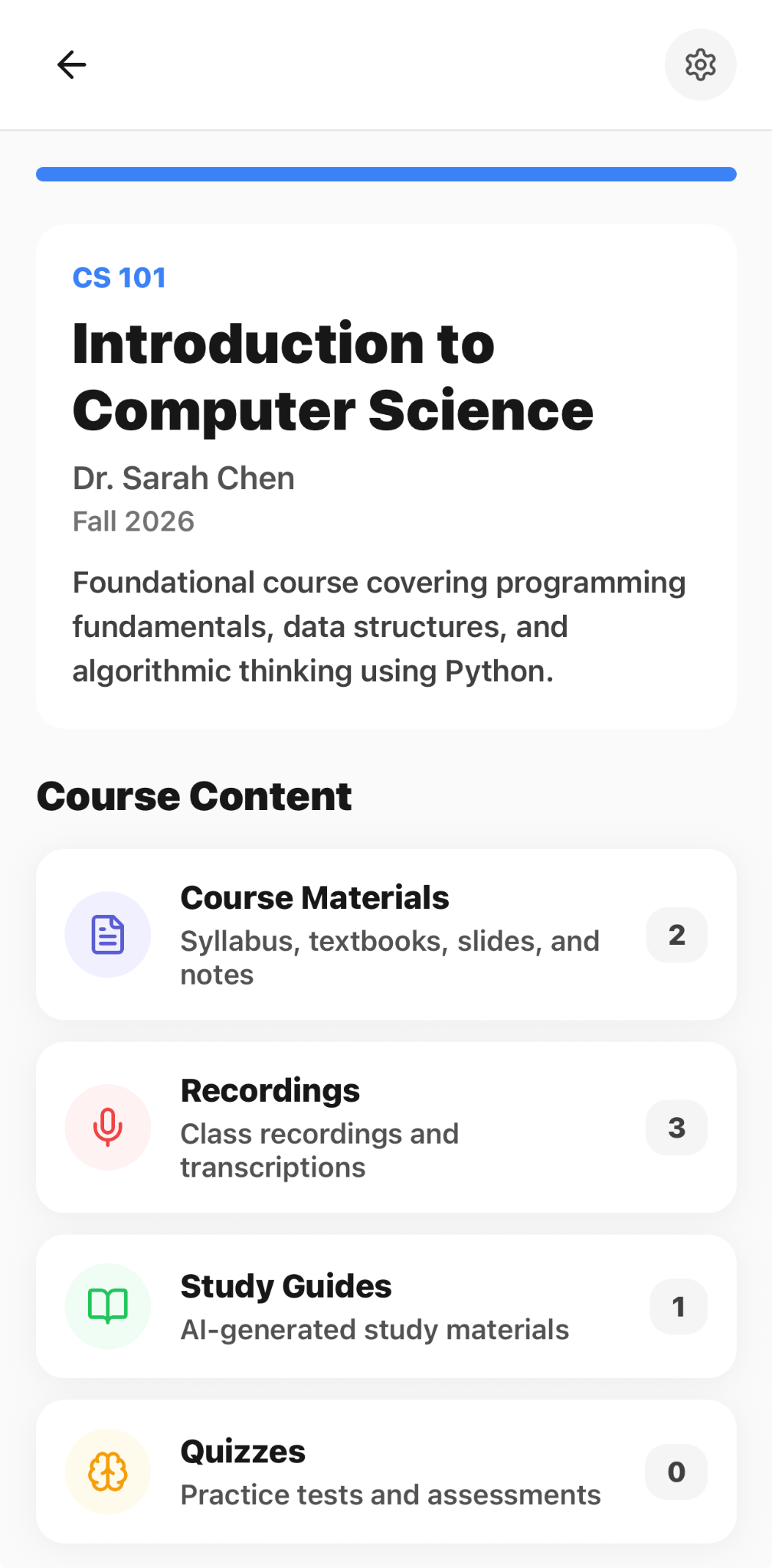 CaptureClass course workspace with course content, materials, recordings, study guides, and quizzes