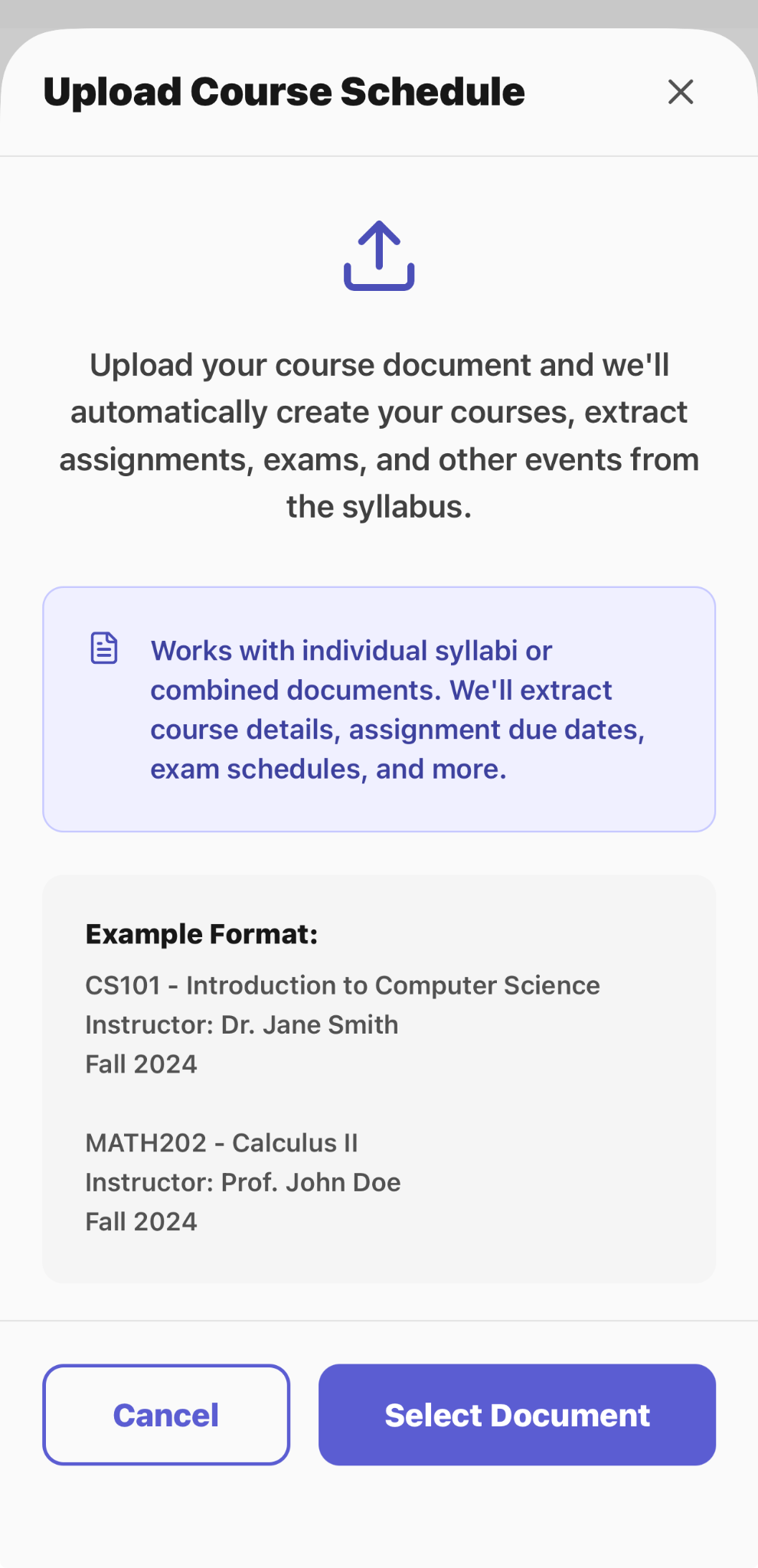 CaptureClass Upload Course Schedule screen for importing a syllabus or combined course document