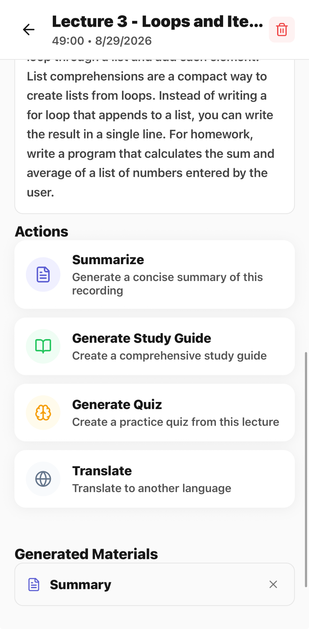 CaptureClass lecture review with summary, study guide, quiz, and translation actions