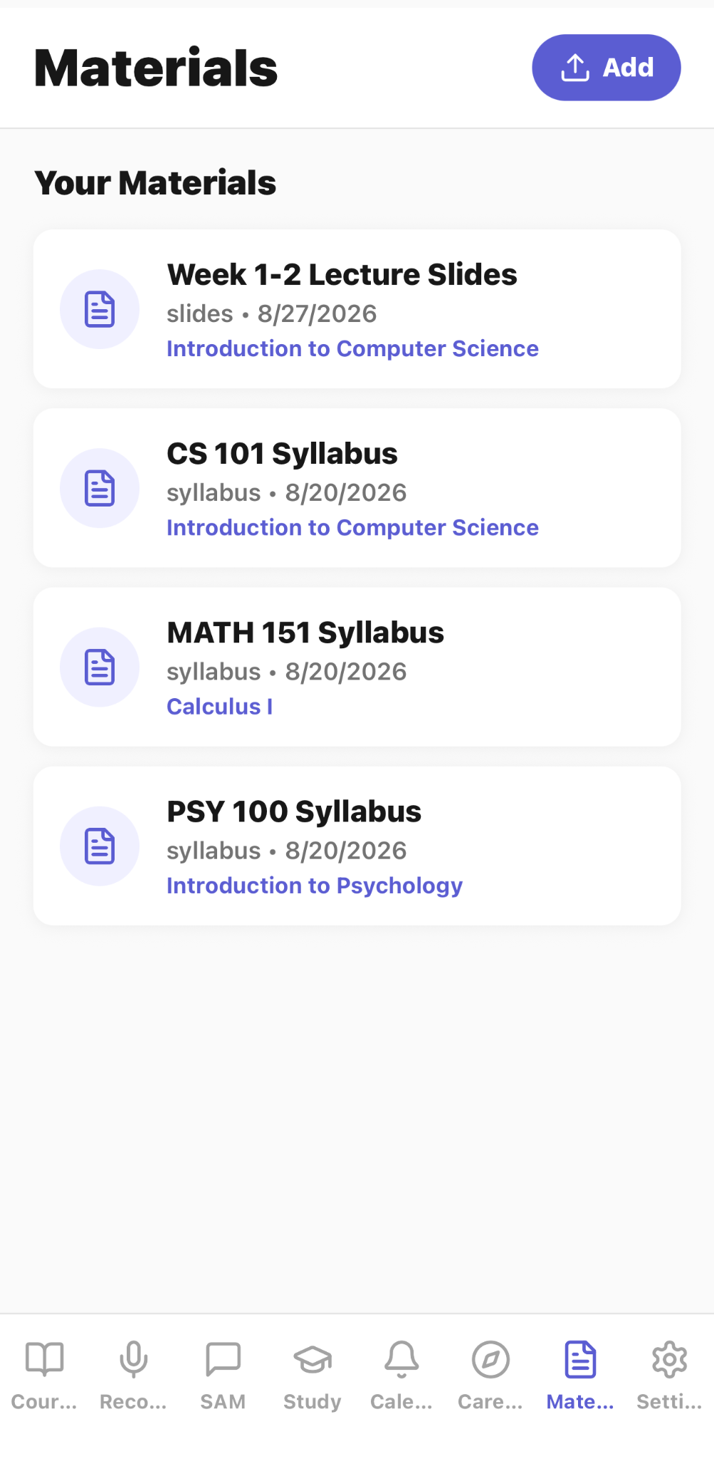 CaptureClass Materials library with course-linked slides and syllabi