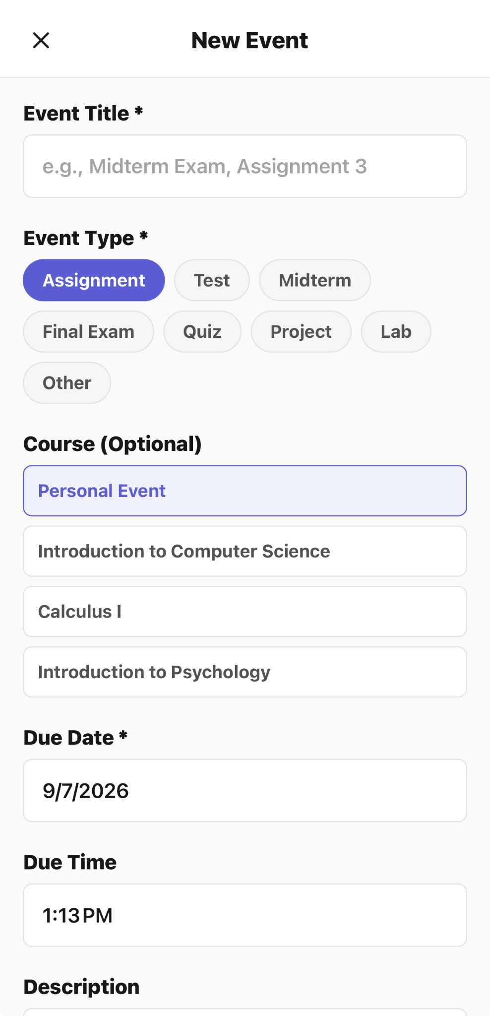 CaptureClass New Event screen with academic event types, courses, date, and time