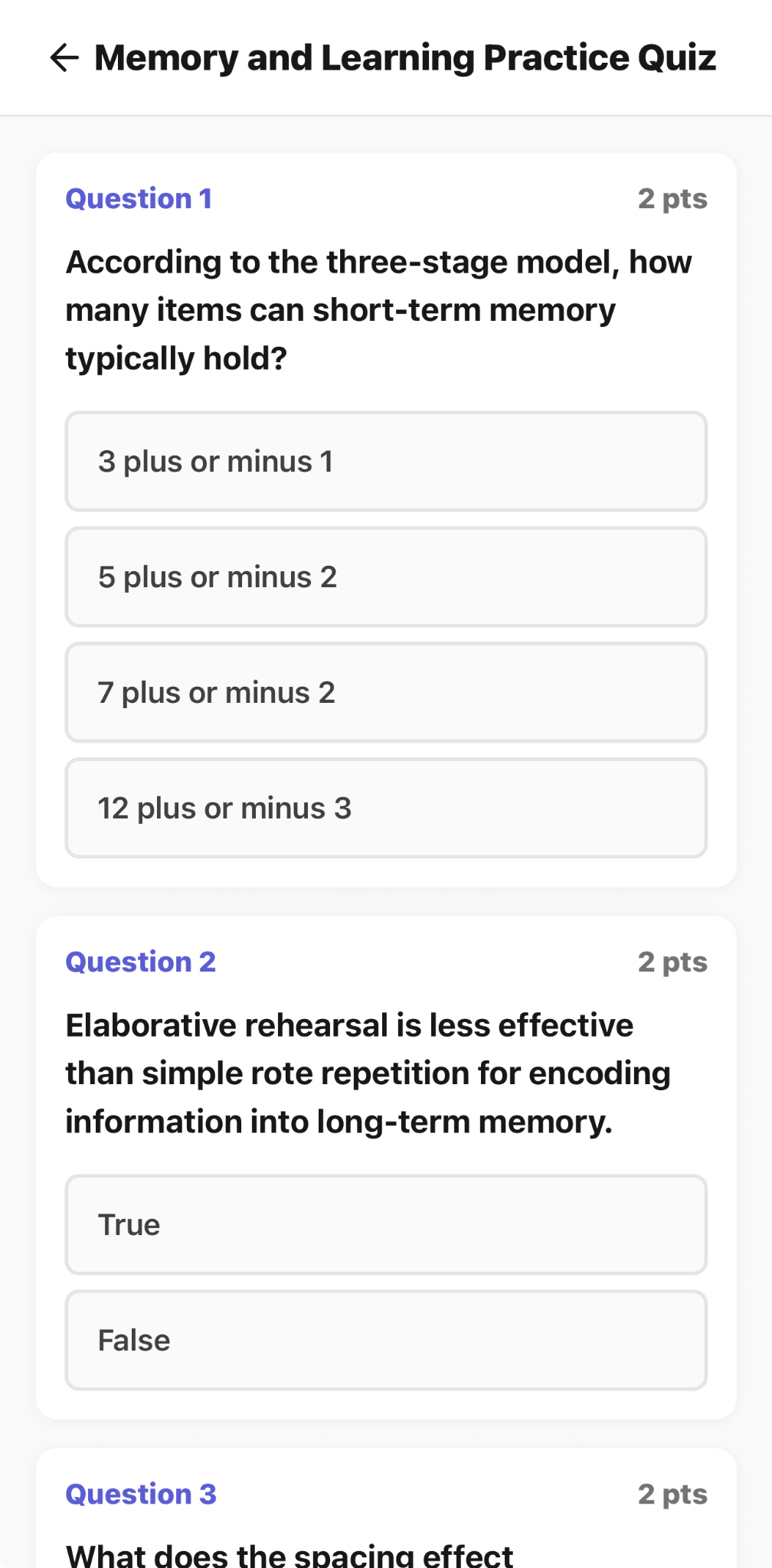 CaptureClass practice quiz with multiple-choice and true-or-false questions