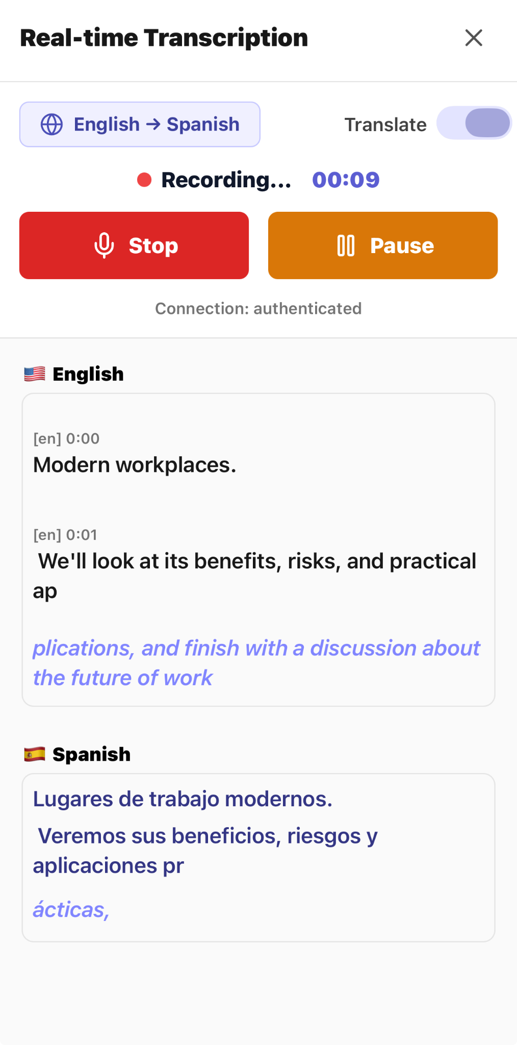 CaptureClass real-time lecture transcription with English and Spanish text