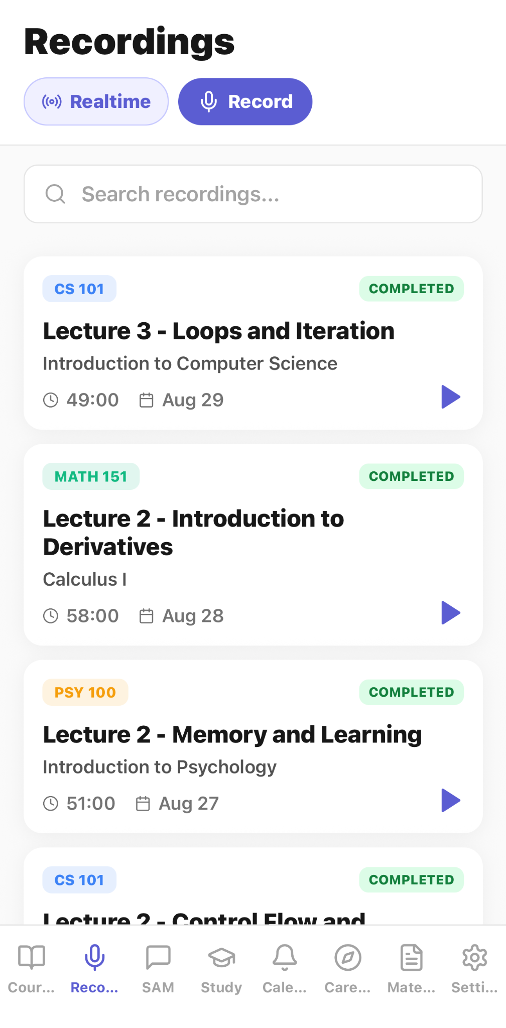 CaptureClass Recordings screen with completed example lectures and real-time recording controls