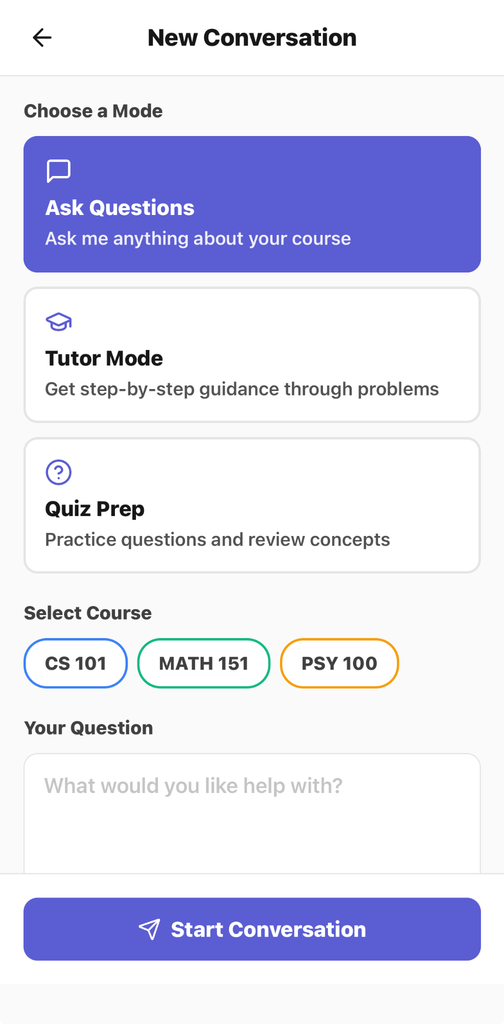 CaptureClass SAM new conversation screen with questions, tutor, and quiz-preparation modes