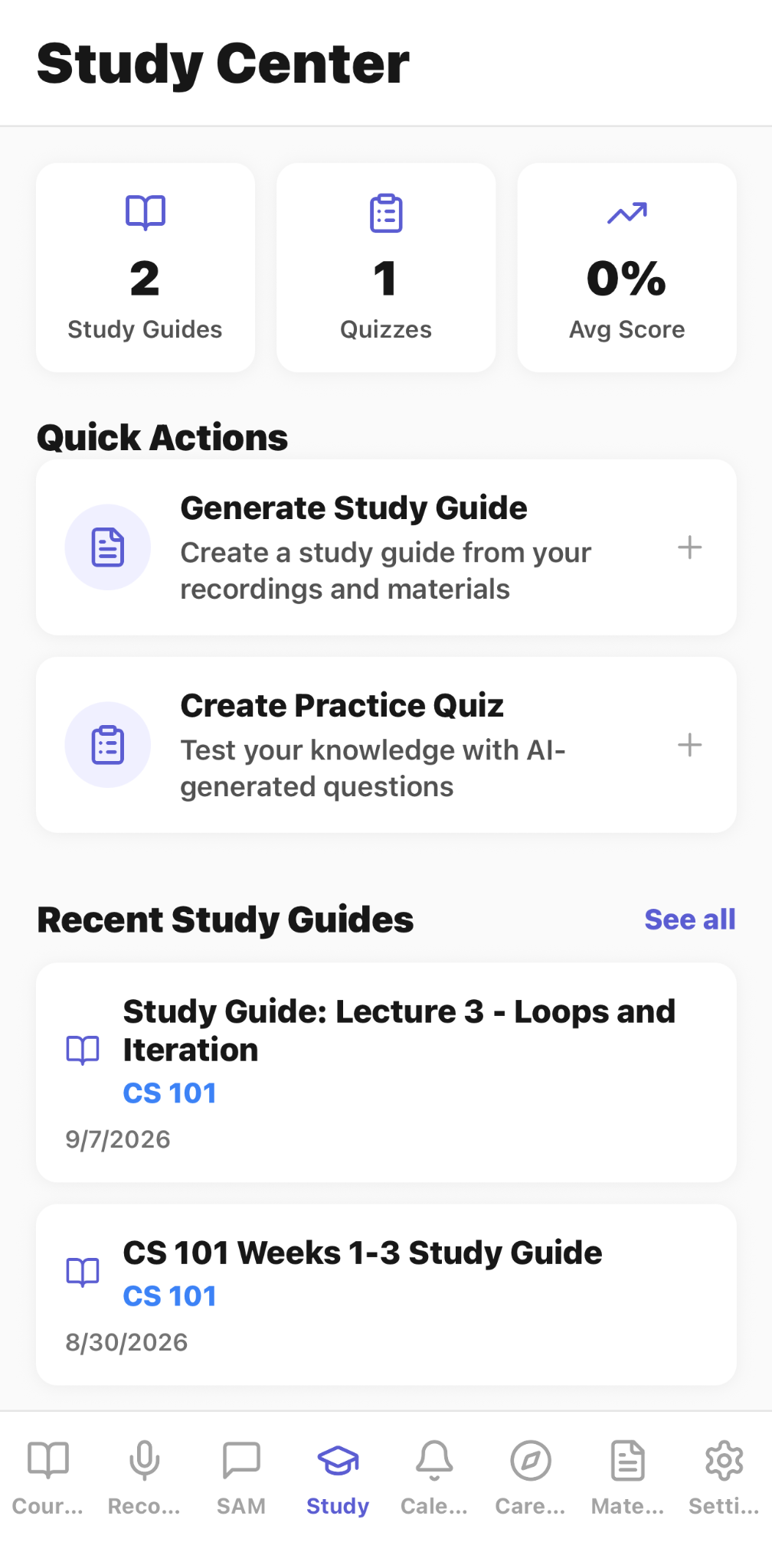 CaptureClass Study Center with study guides, quizzes, scores, and quick actions