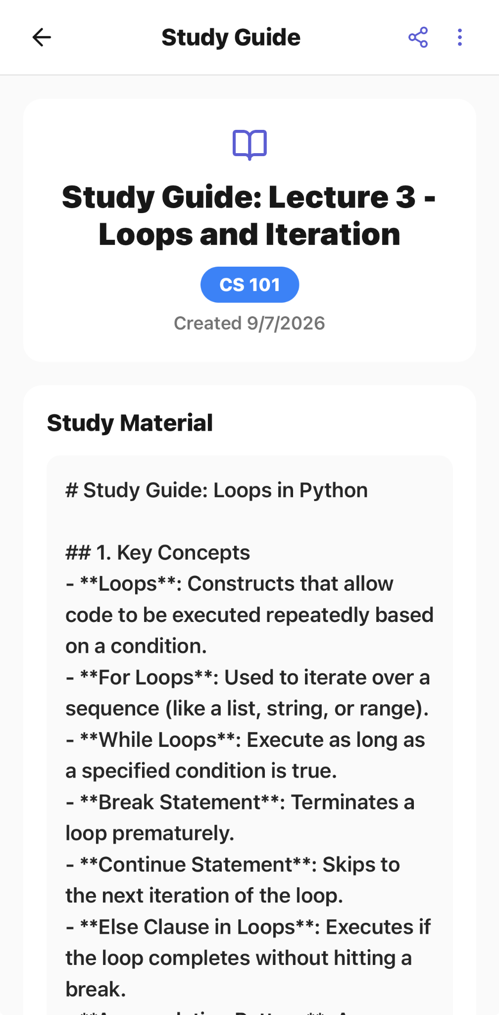 CaptureClass generated study guide for an example programming lecture
