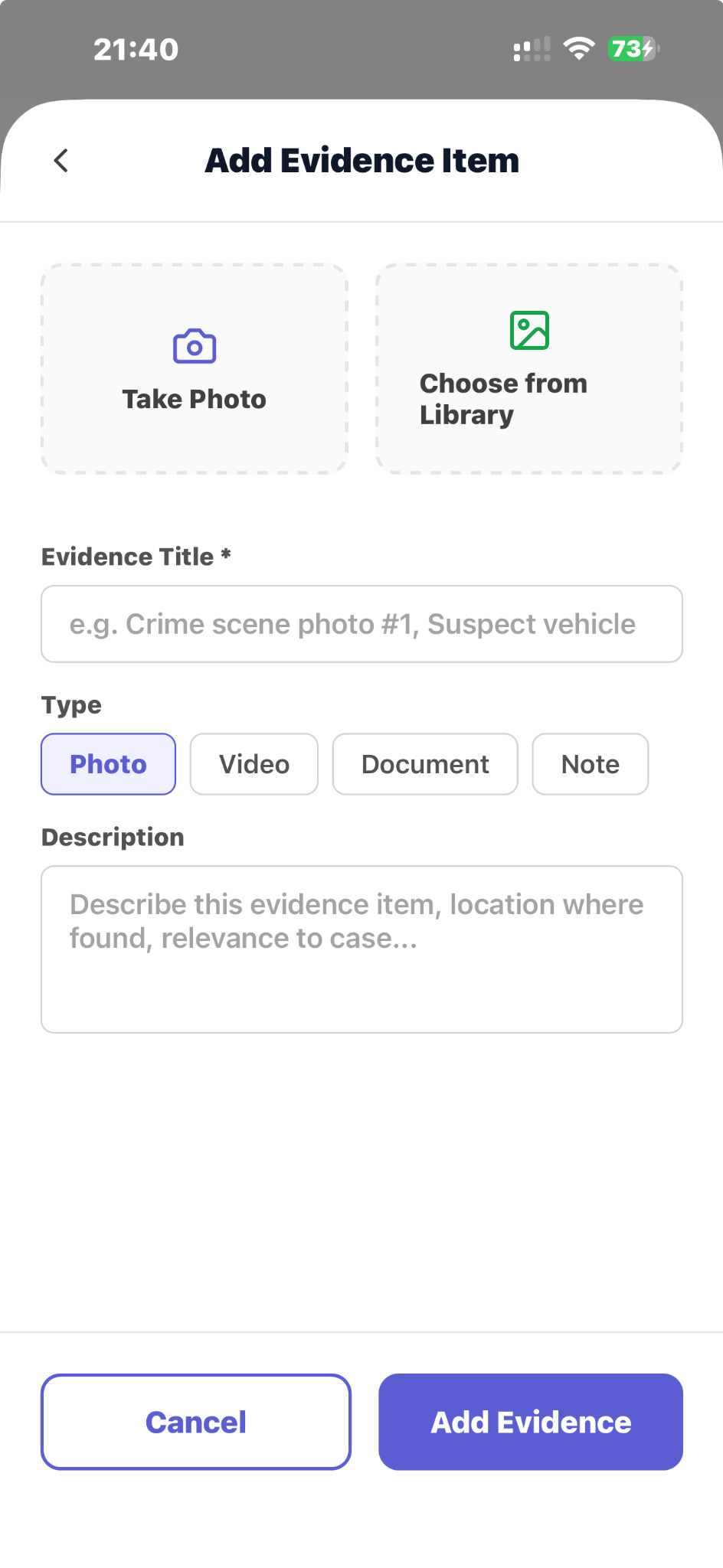 CapturePatrol Add Evidence Item screen with photo, video, document, note, title, and description controls