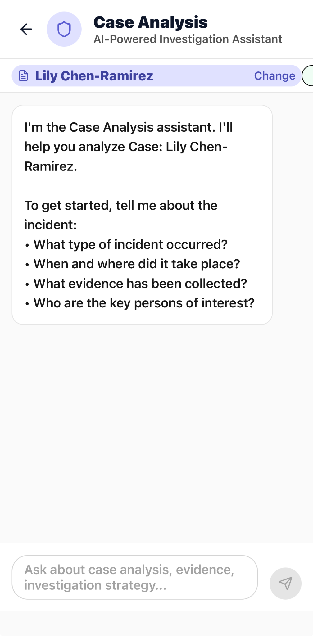 CapturePatrol Case Analysis assistant asking structured questions about a selected incident