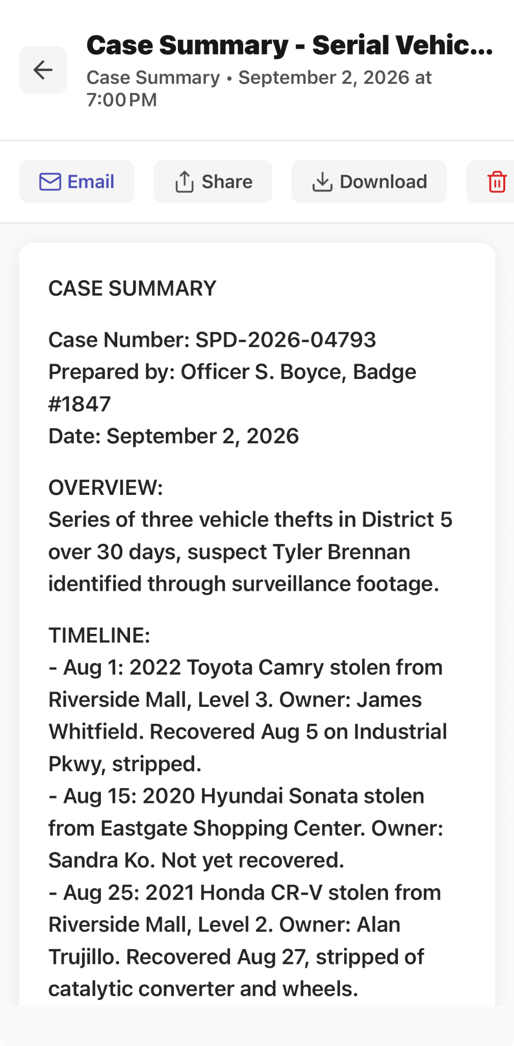 CapturePatrol structured case summary with incident overview, timeline, and email, share, and download actions