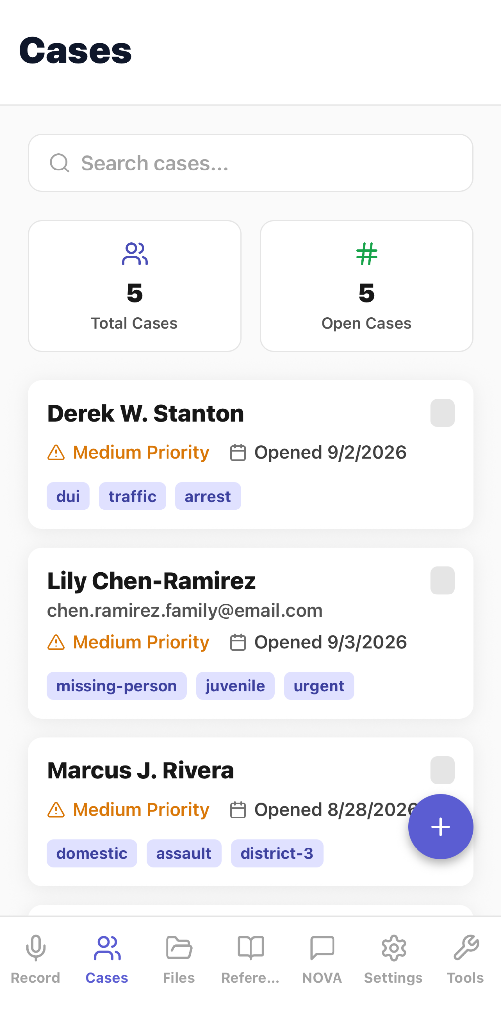 CapturePatrol Cases screen with search, case totals, open-case count, priority, status, and case tags