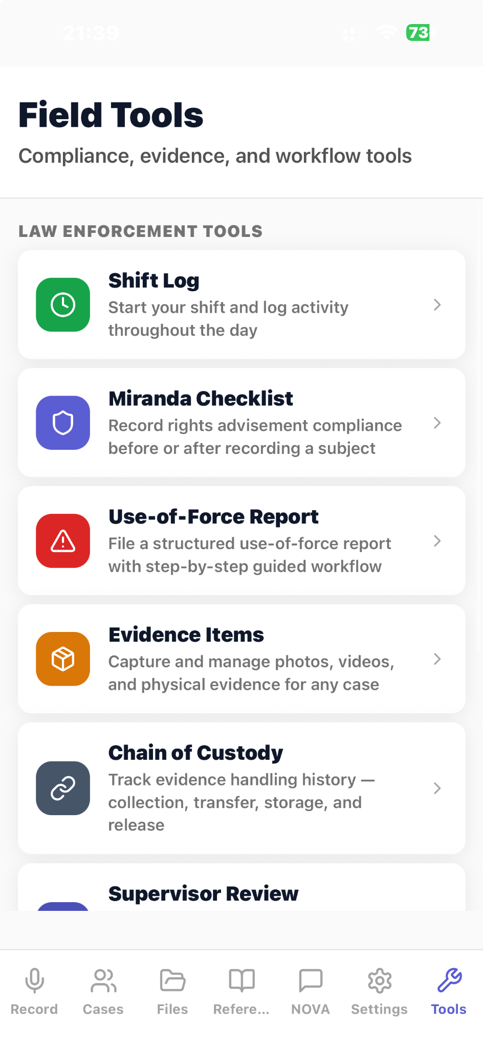 CapturePatrol Field Tools screen listing Shift Log, Miranda Checklist, Use-of-Force Report, Evidence Items, and Chain of Custody