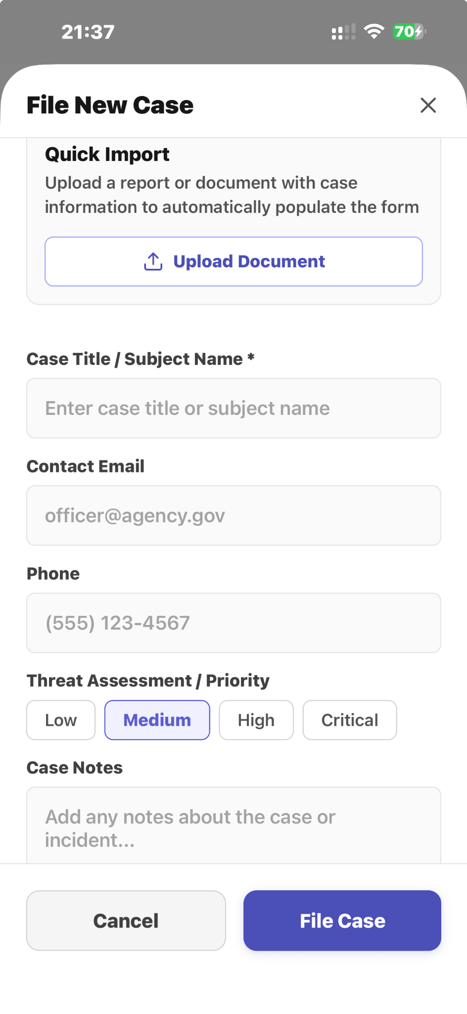 CapturePatrol File New Case screen with document import, case details, priority, and notes fields